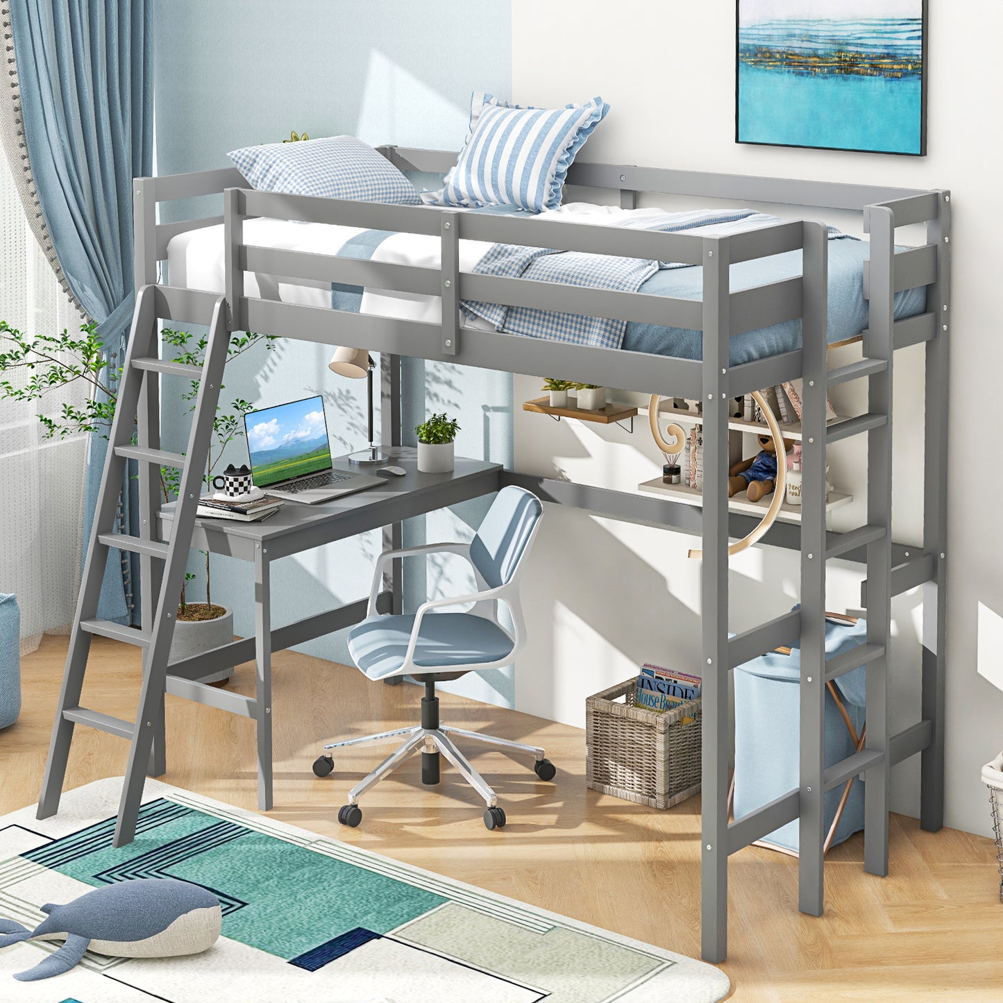 Twin Size Loft Bed Frame with Desk Angled and Built-in Ladder-Gray Kids Crystal
