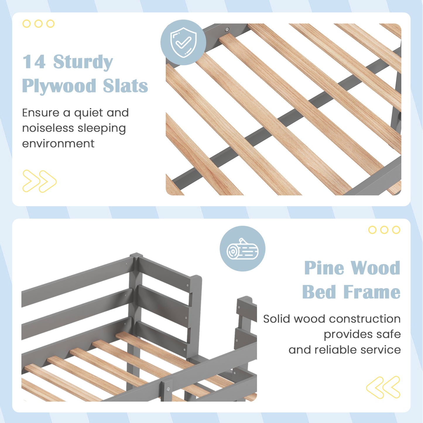 Twin Size Loft Bed Frame with Desk Angled and Built-in Ladder-Gray Kids Crystal