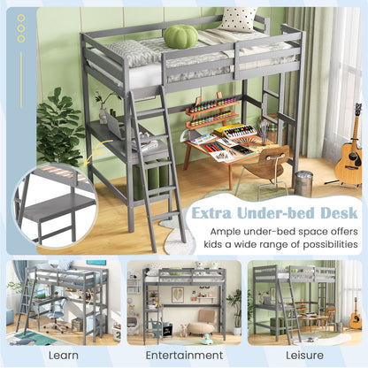 Twin Size Loft Bed Frame with Desk Angled and Built-in Ladder-Gray