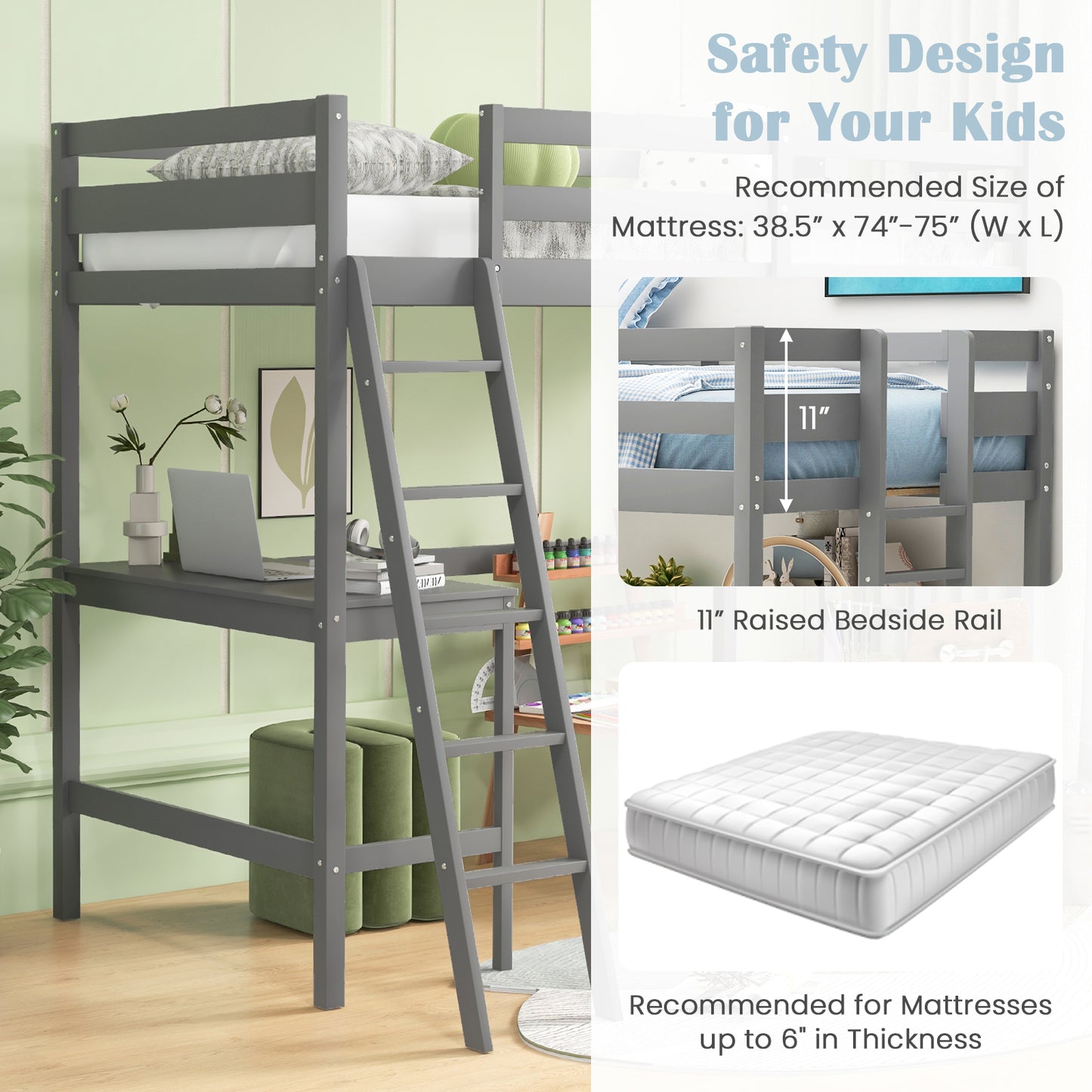 Twin Size Loft Bed Frame with Desk Angled and Built-in Ladder-Gray Kids Crystal