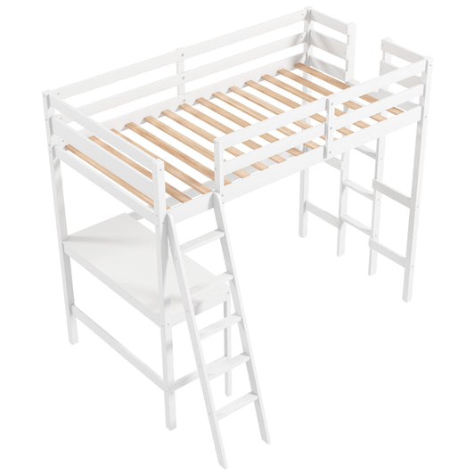 Twin Size Loft Bed Frame with Desk Angled and Built-in Ladder-White Kids Crystal