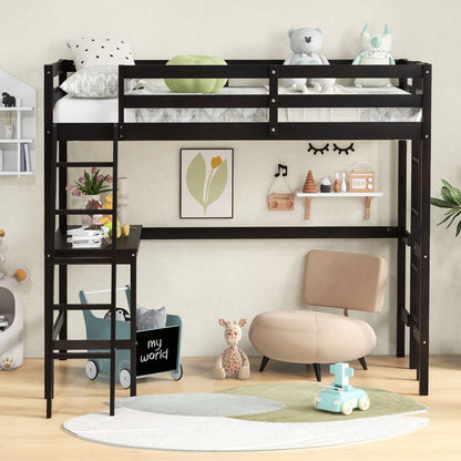Twin Size Loft Bed Frame with Desk Angled and Built-in Ladder-Dark Brown