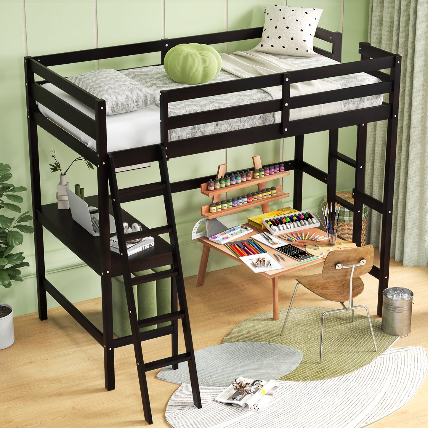 Twin Size Loft Bed Frame with Desk Angled and Built-in Ladder-Dark Brown Kids Crystal