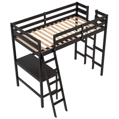 Twin Size Loft Bed Frame with Desk Angled and Built-in Ladder-Dark Brown