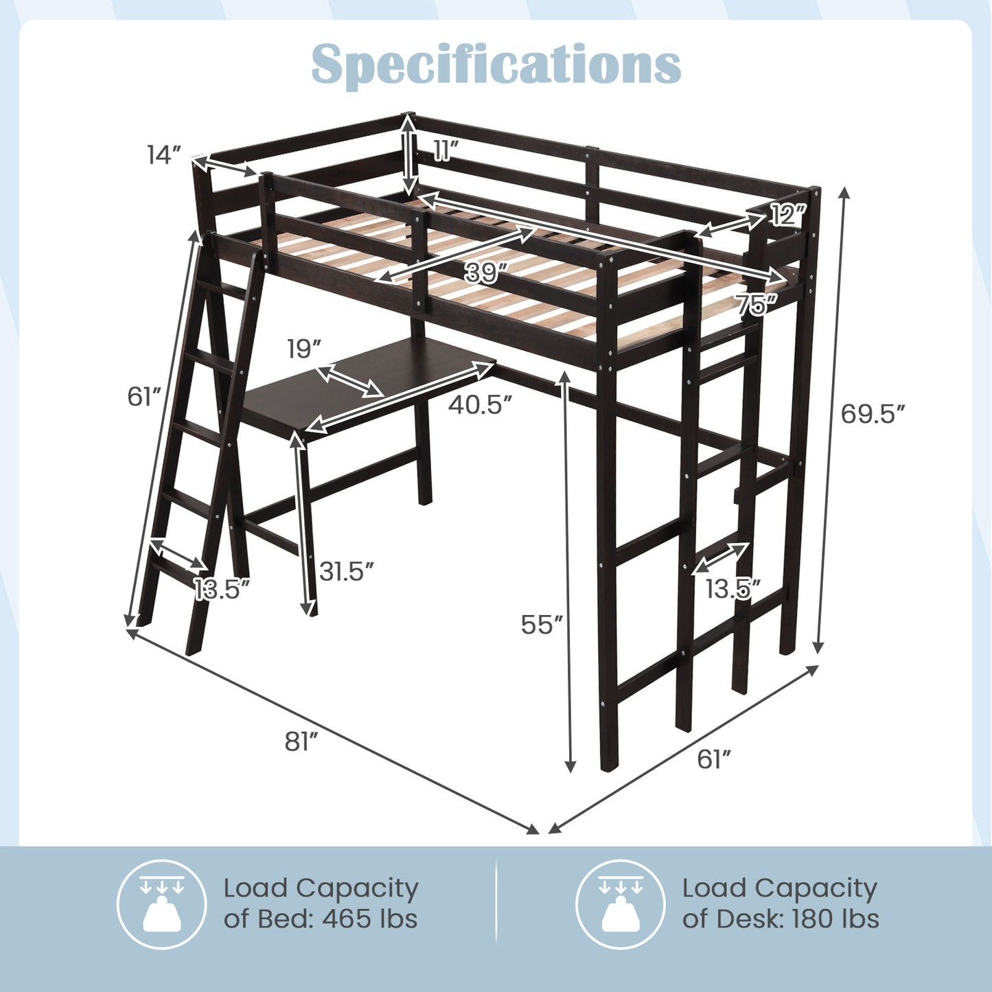 Twin Size Loft Bed Frame with Desk Angled and Built-in Ladder-Dark Brown Kids Crystal
