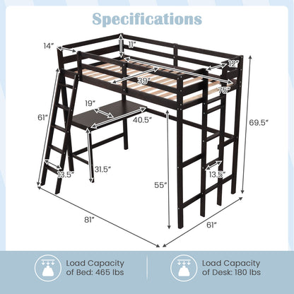 Twin Size Loft Bed Frame with Desk Angled and Built-in Ladder-Dark Brown