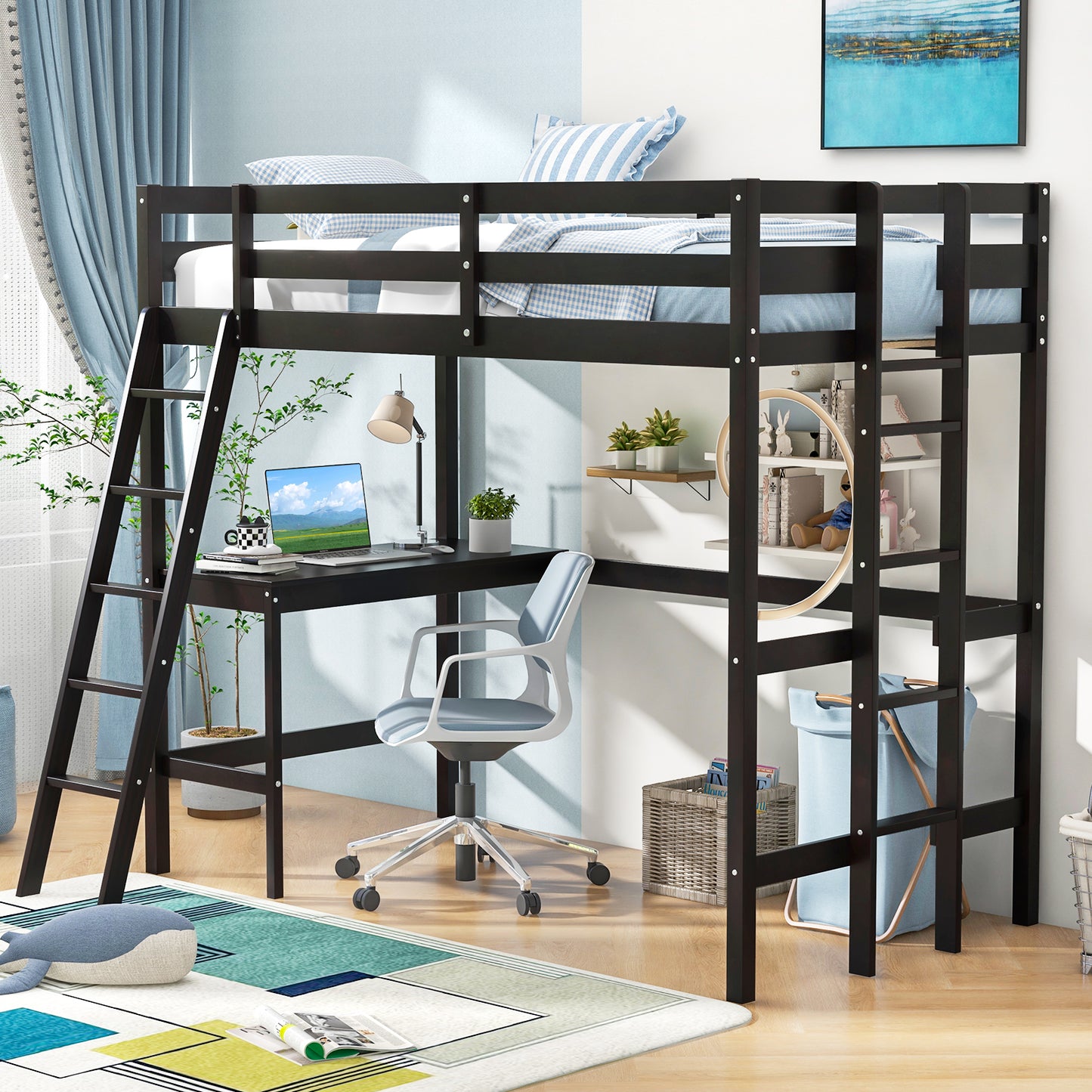 Twin Size Loft Bed Frame with Desk Angled and Built-in Ladder-Dark Brown Kids Crystal