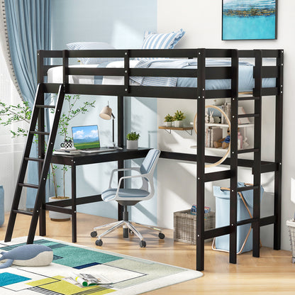 Twin Size Loft Bed Frame with Desk Angled and Built-in Ladder-Dark Brown