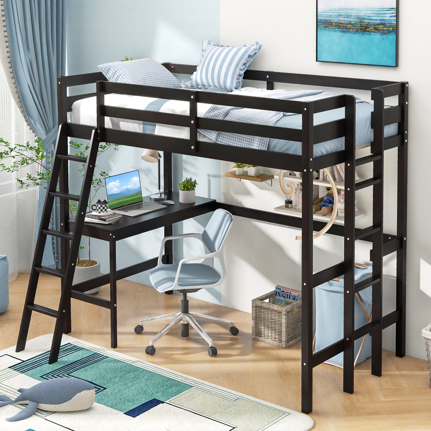 Twin Size Loft Bed Frame with Desk Angled and Built-in Ladder-Dark Brown Kids Crystal