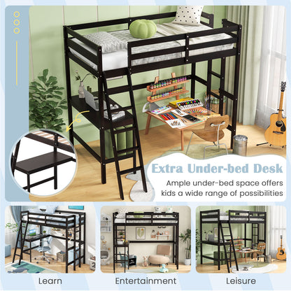Twin Size Loft Bed Frame with Desk Angled and Built-in Ladder-Dark Brown