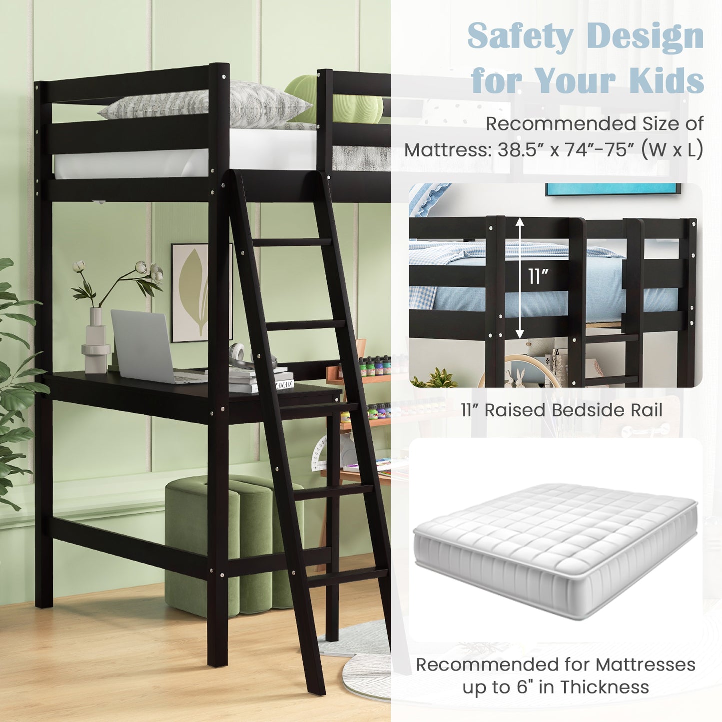 Twin Size Loft Bed Frame with Desk Angled and Built-in Ladder-Dark Brown Kids Crystal