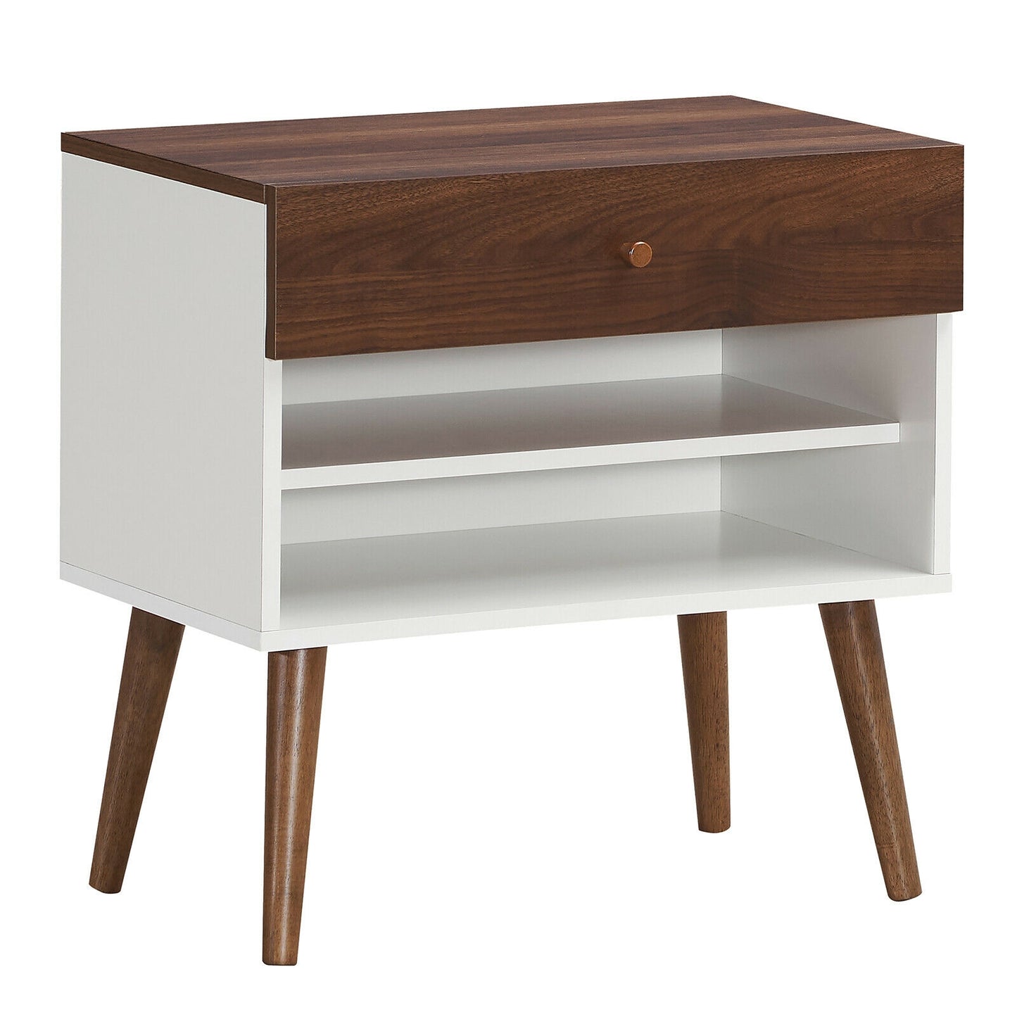 Mid-Century Nightstand with Drawer and Rubber Wood Legs Kids Crystal