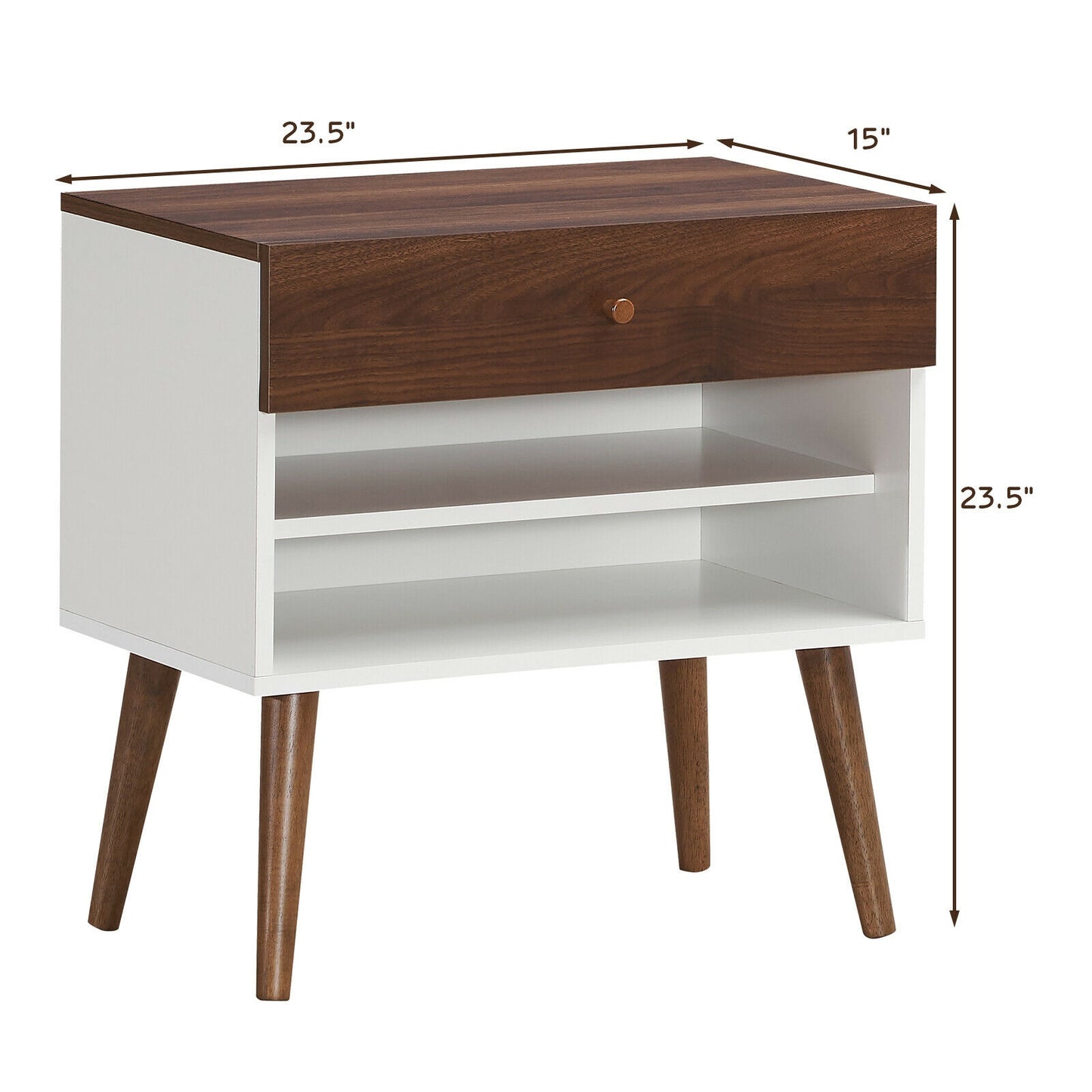 Mid-Century Nightstand with Drawer and Rubber Wood Legs Kids Crystal
