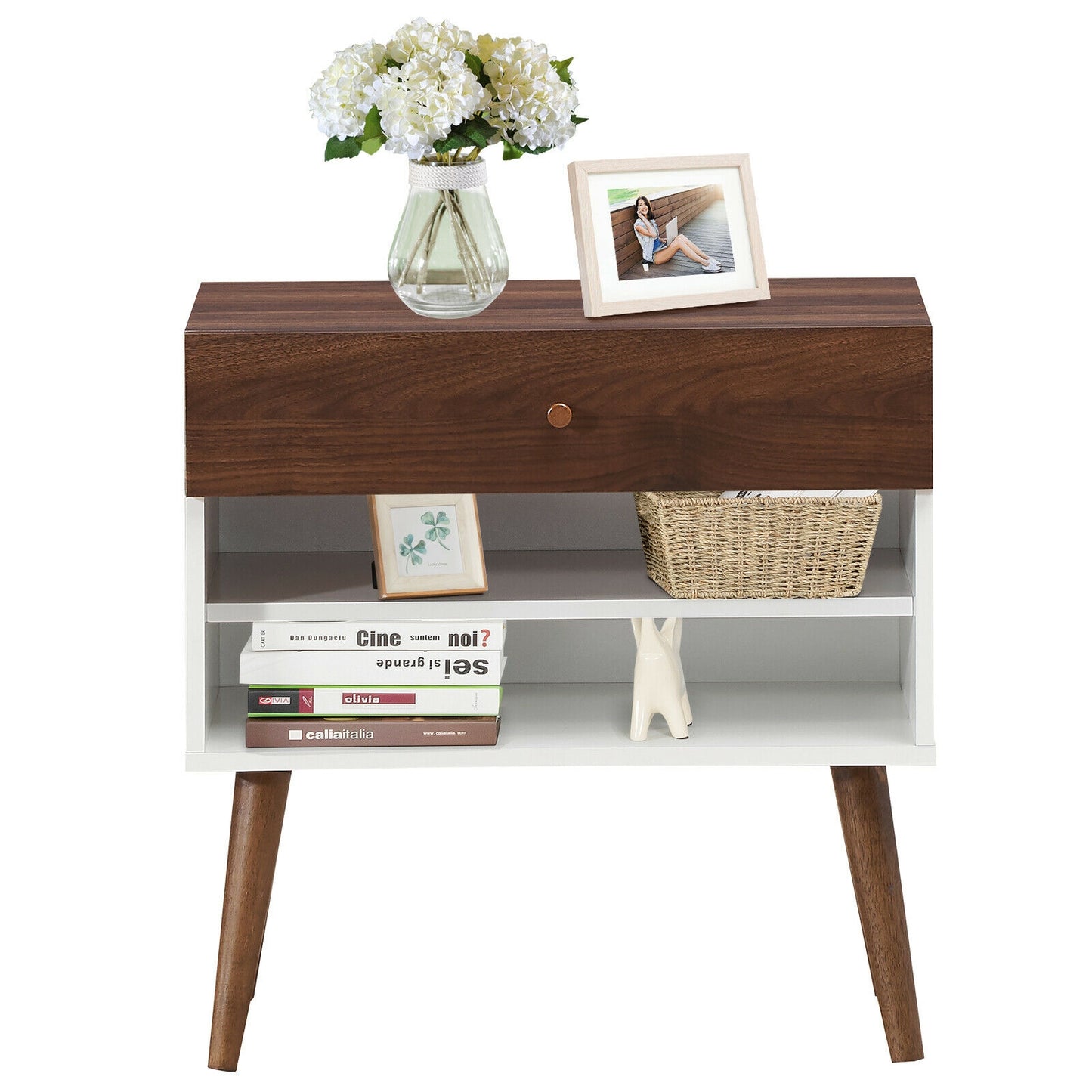 Mid-Century Nightstand with Drawer and Rubber Wood Legs Kids Crystal