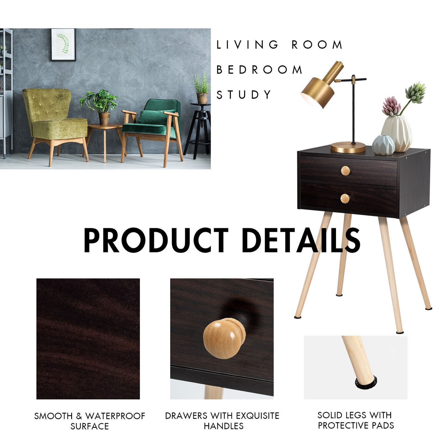 Mid Century Modern 2 Drawers Nightstand in Natural-Brown Kids Crystal