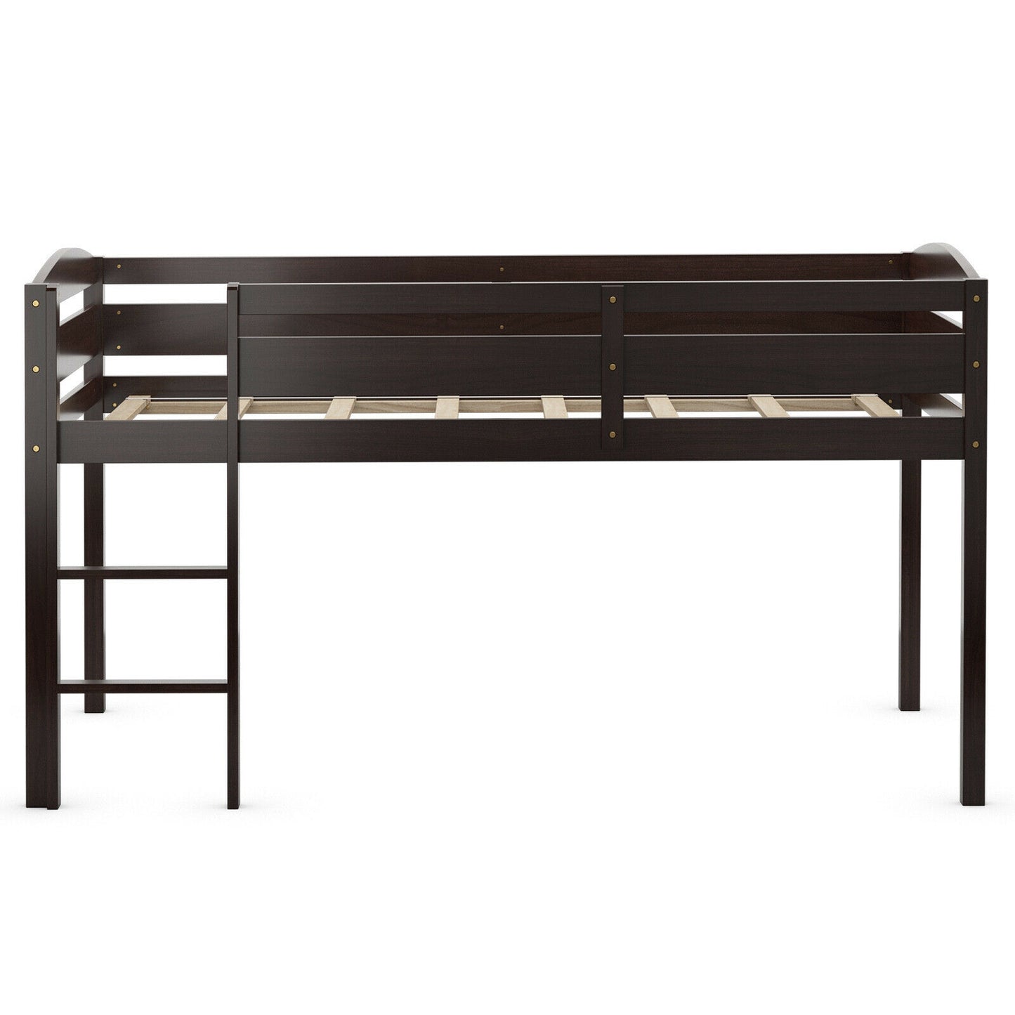 Wooden Twin Low Loft Bunk Bed with Guard Rail and Ladder-Dark Brown Kids Crystal