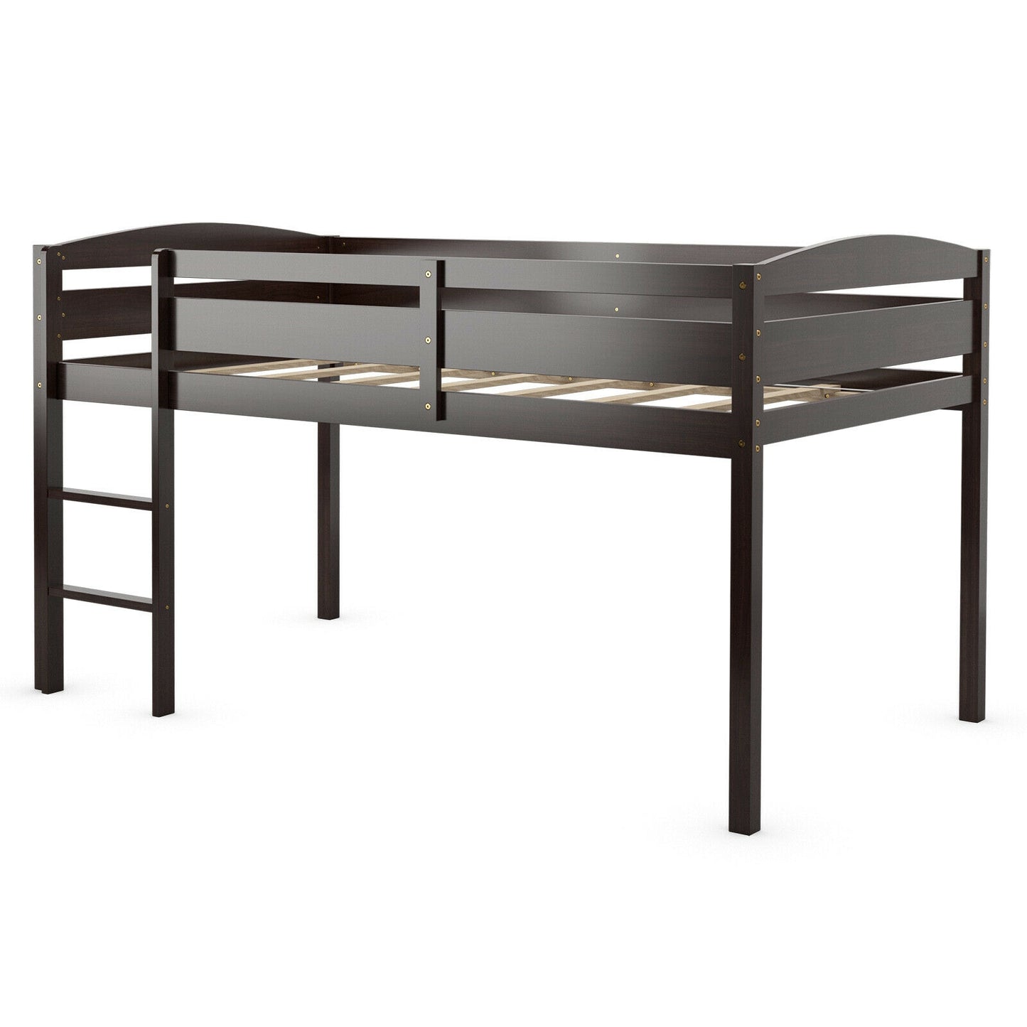 Wooden Twin Low Loft Bunk Bed with Guard Rail and Ladder-Dark Brown Kids Crystal