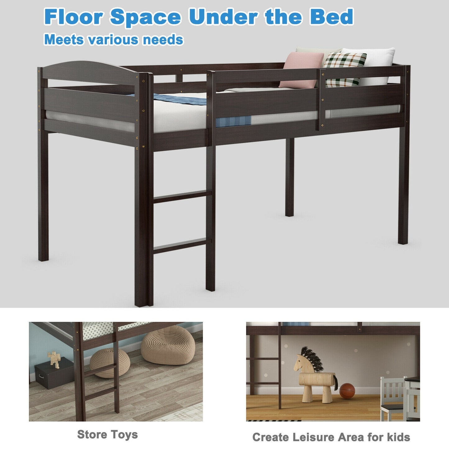 Wooden Twin Low Loft Bunk Bed with Guard Rail and Ladder-Dark Brown Kids Crystal