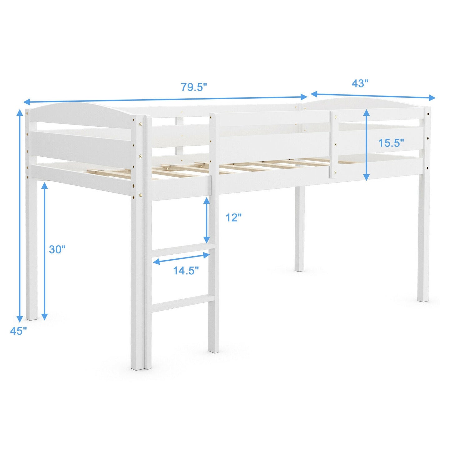 Wooden Twin Low Loft Bunk Bed with Guard Rail and Ladder-White Kids Crystal