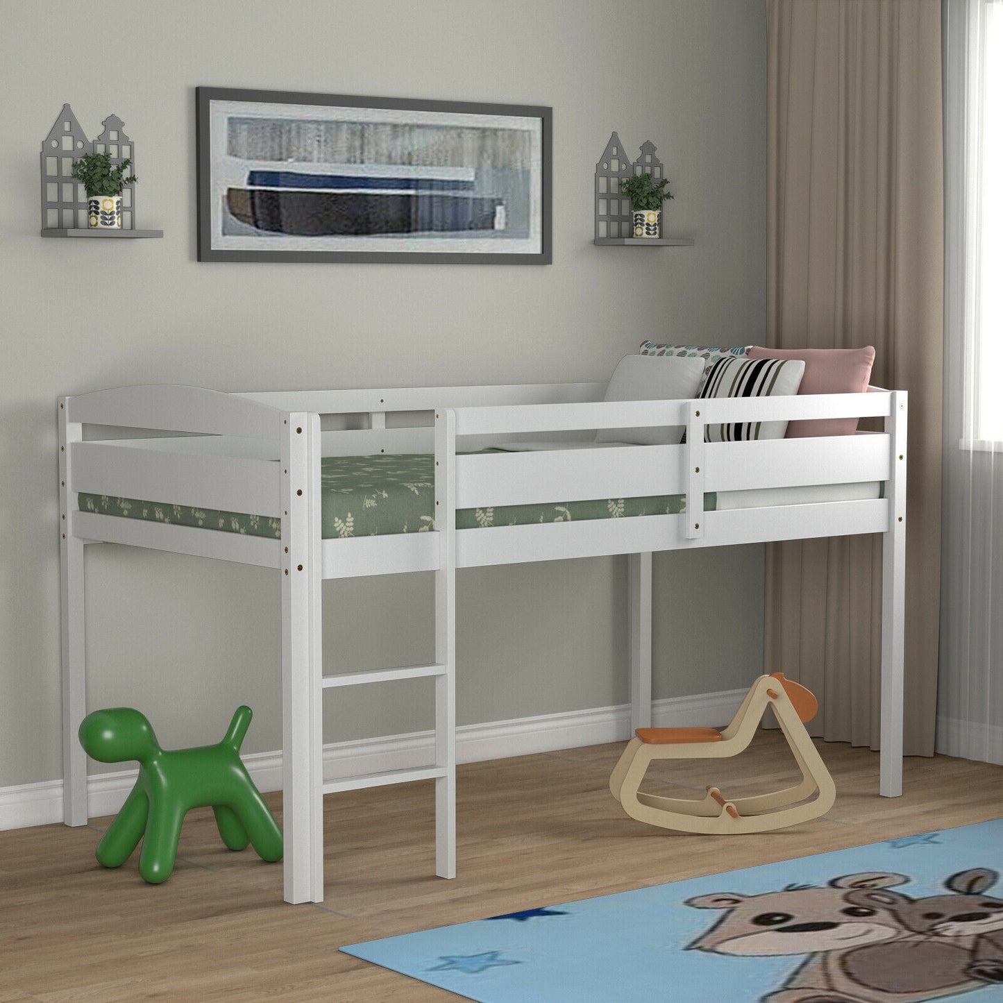 Wooden Twin Low Loft Bunk Bed with Guard Rail and Ladder-White Kids Crystal
