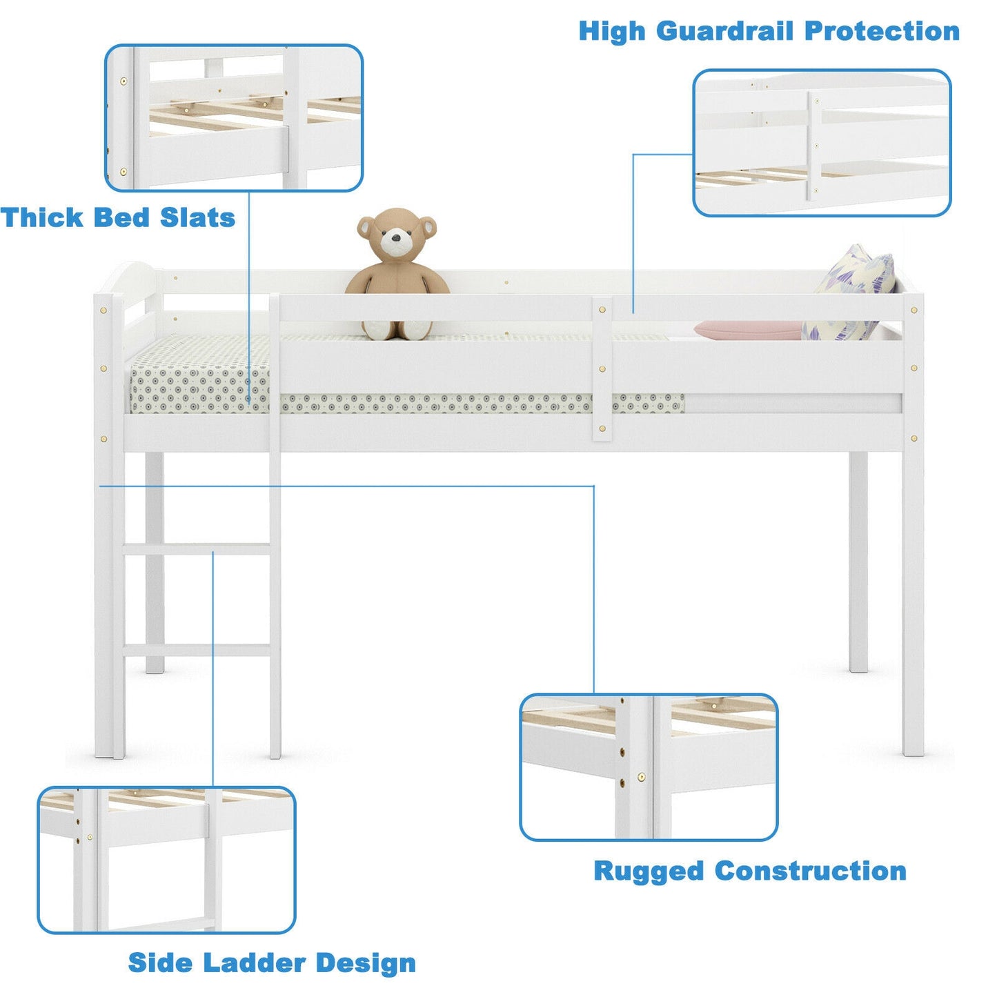 Wooden Twin Low Loft Bunk Bed with Guard Rail and Ladder-White Kids Crystal