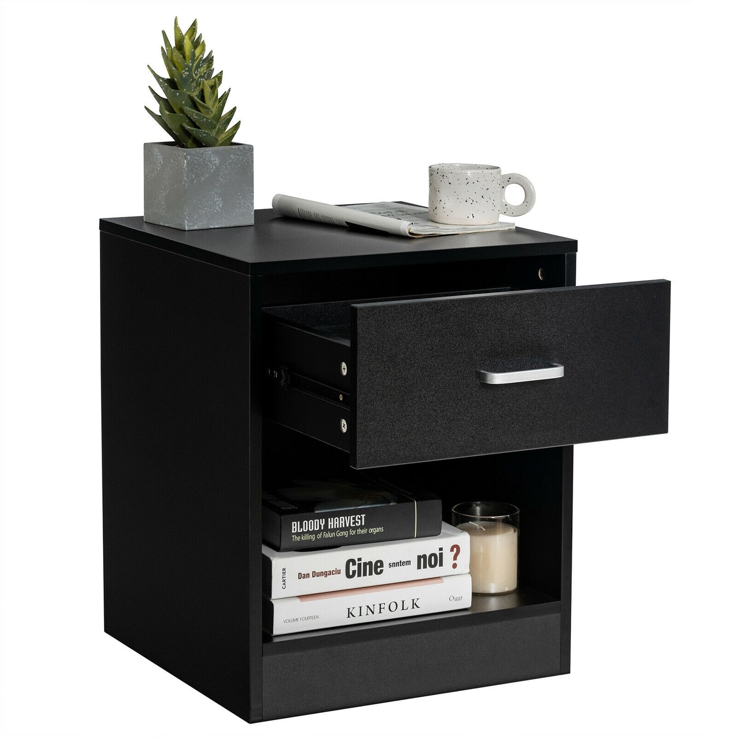 Modern Nightstand with Storage Drawer and Cabinet-Black Kids Crystal