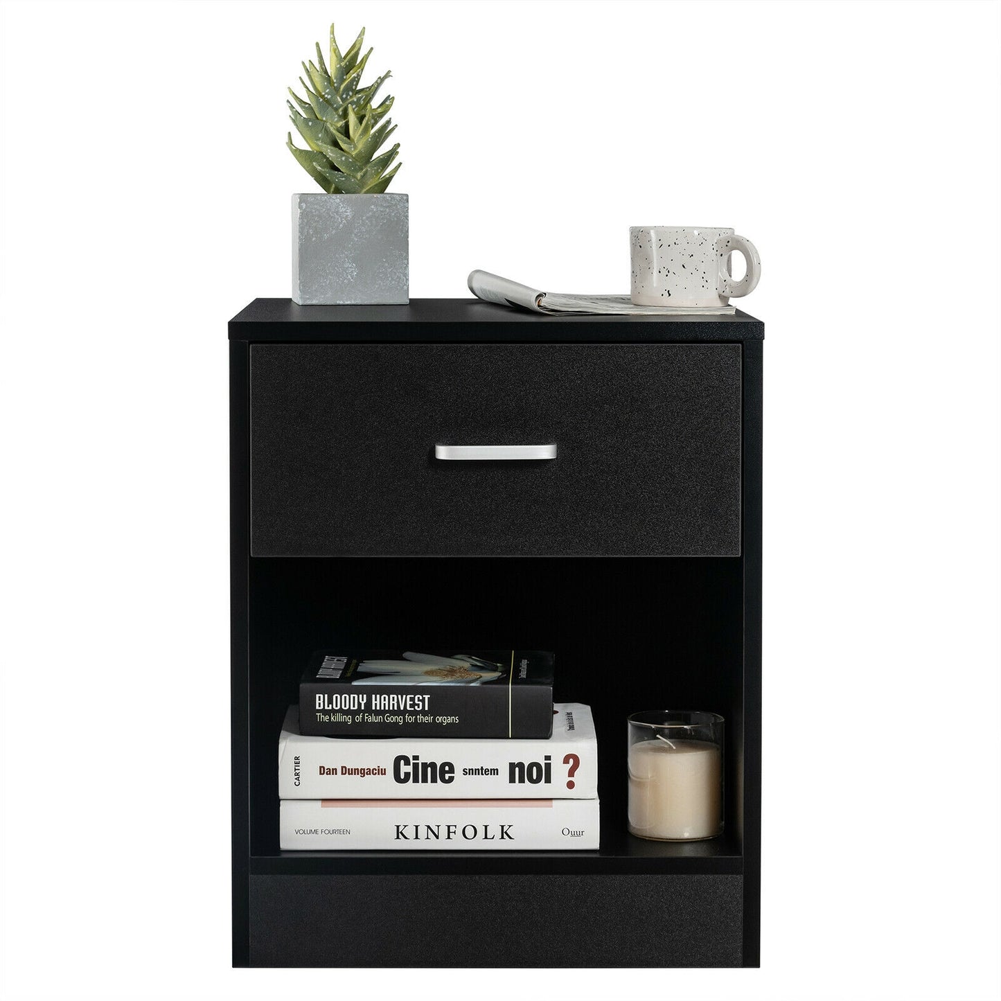 Modern Nightstand with Storage Drawer and Cabinet-Black Kids Crystal