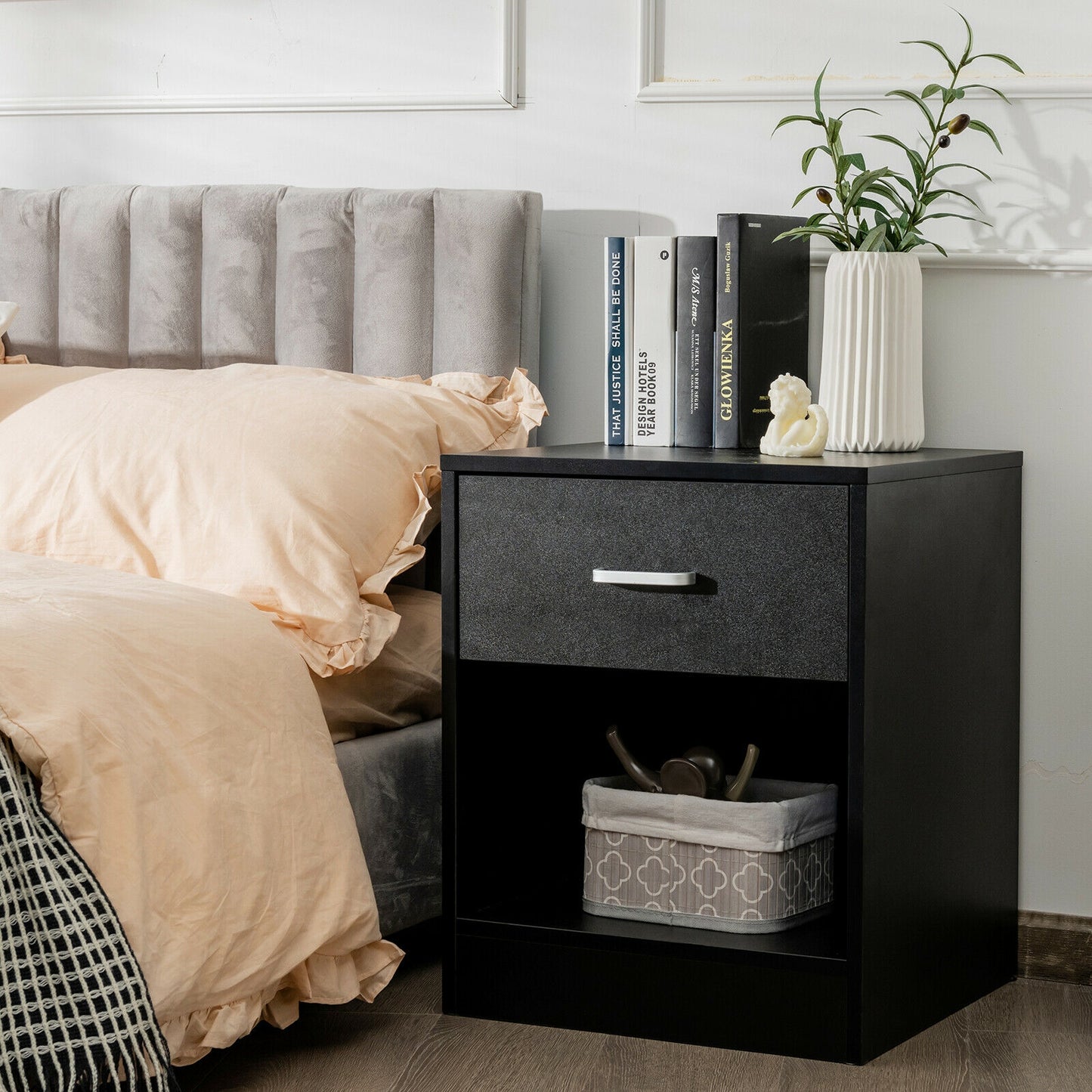 Modern Nightstand with Storage Drawer and Cabinet-Black Kids Crystal