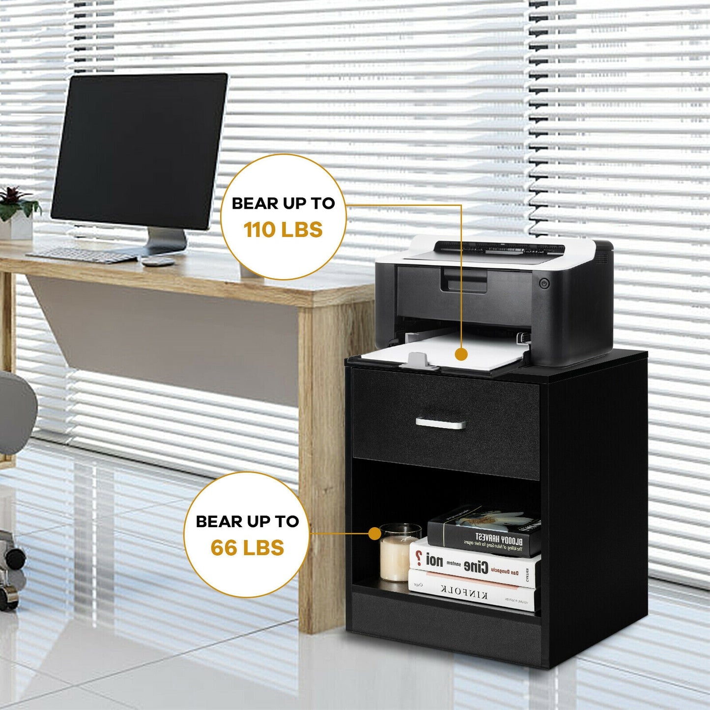 Modern Nightstand with Storage Drawer and Cabinet-Black Kids Crystal