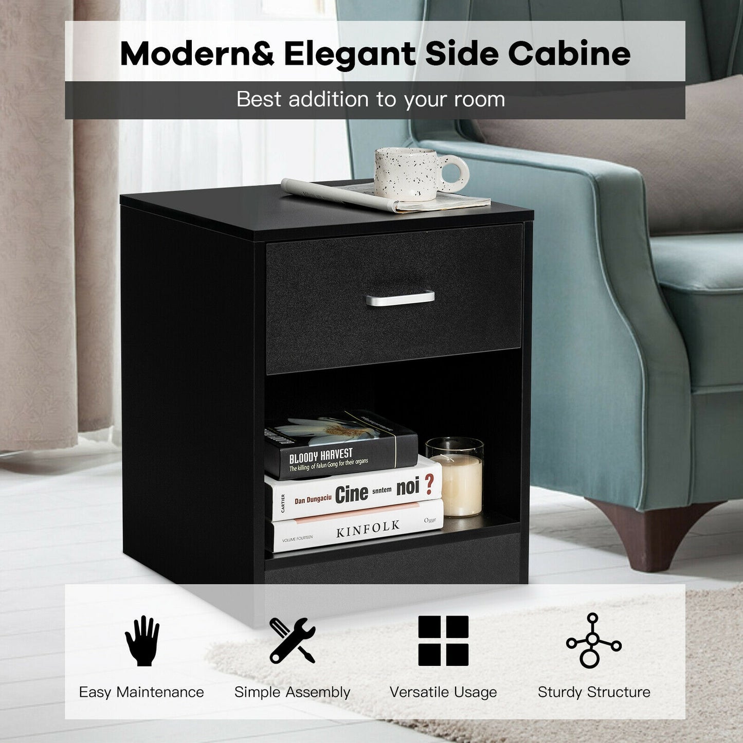 Modern Nightstand with Storage Drawer and Cabinet-Black Kids Crystal