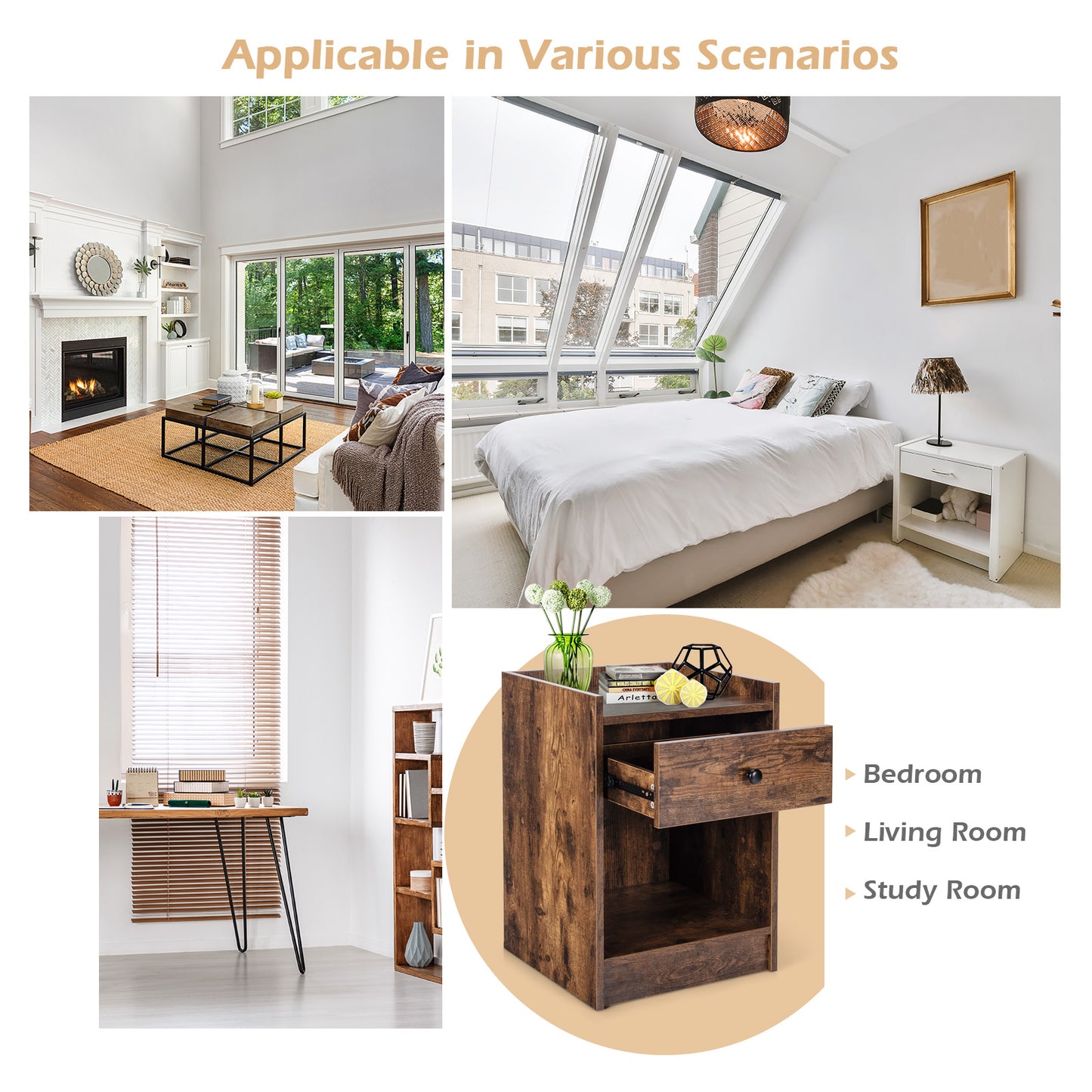 Set of 2 Nightstand with Drawer Cabinet End Side Table Raised Top-Brown Kids Crystal