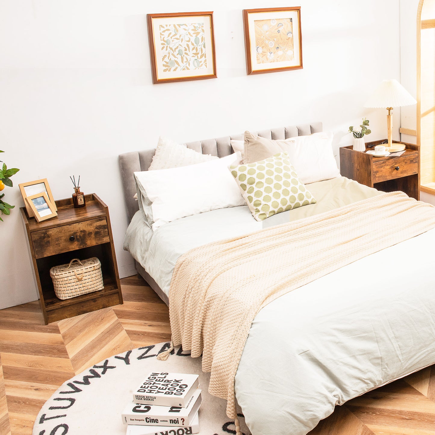 Set of 2 Nightstand with Drawer Cabinet End Side Table Raised Top-Brown Kids Crystal