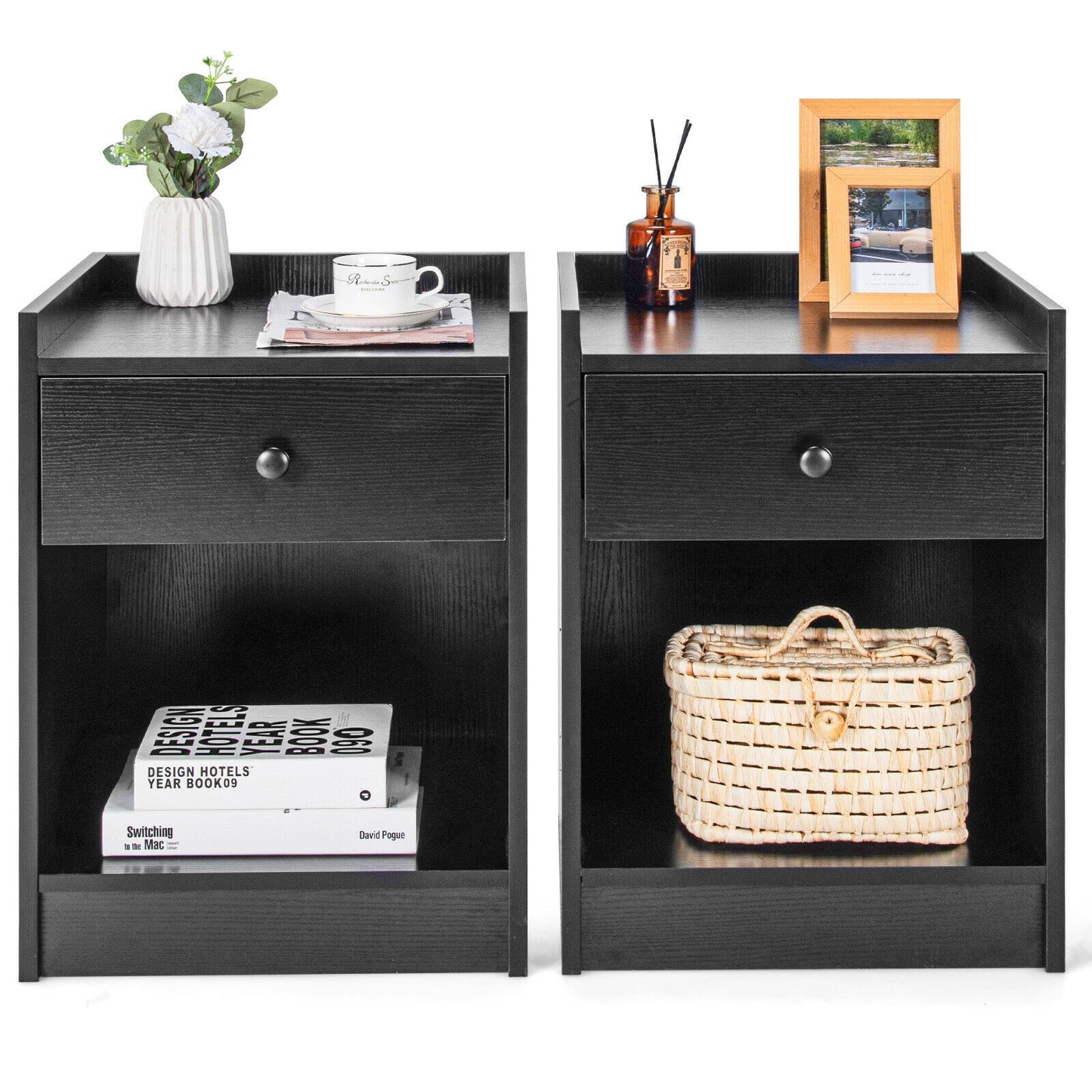 Set of 2 Nightstand with Drawer Cabinet End Side Table Raised Top-Black Kids Crystal