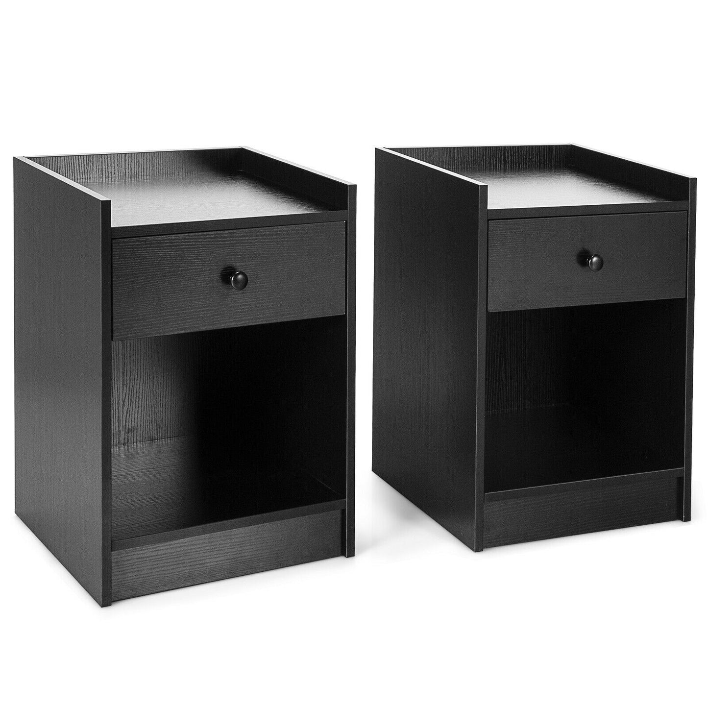 Set of 2 Nightstand with Drawer Cabinet End Side Table Raised Top-Black Kids Crystal