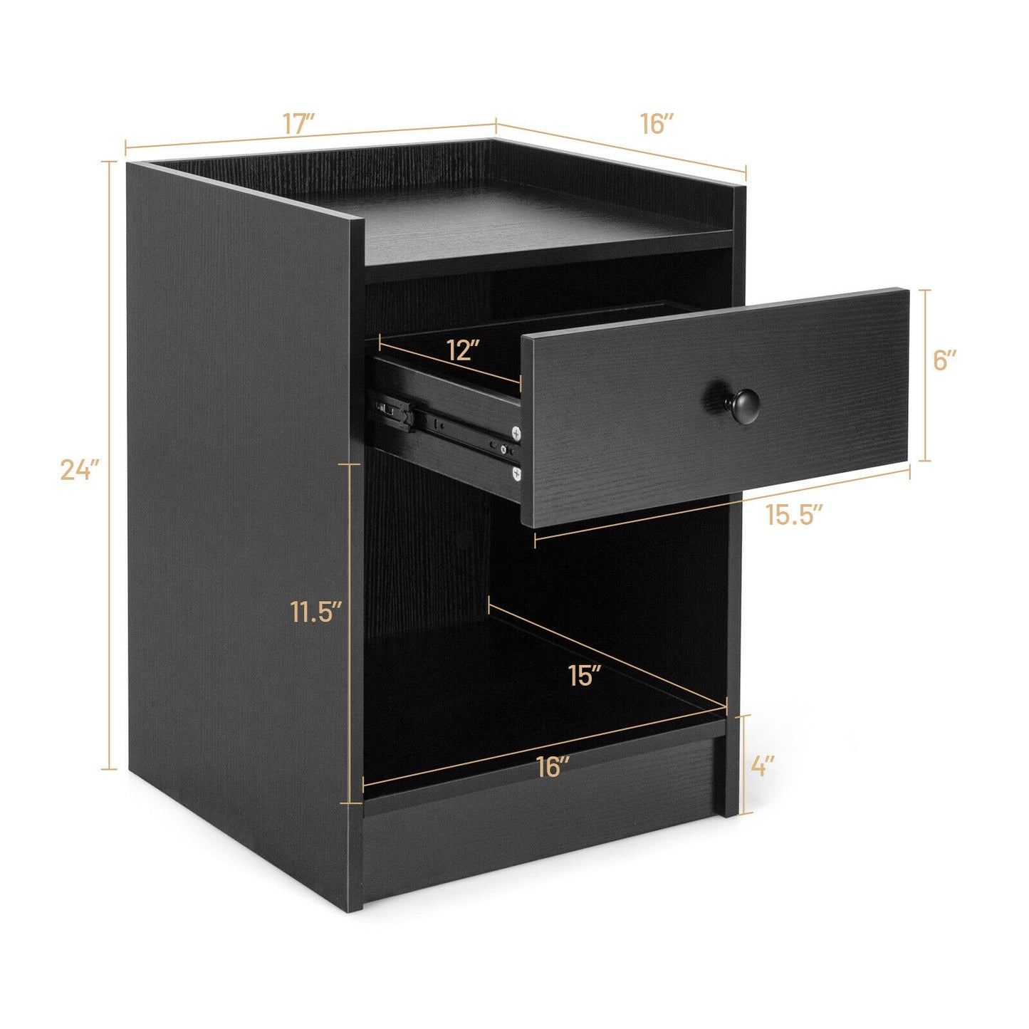 Set of 2 Nightstand with Drawer Cabinet End Side Table Raised Top-Black Kids Crystal