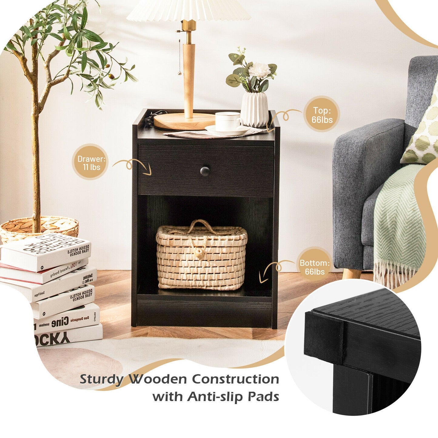 Set of 2 Nightstand with Drawer Cabinet End Side Table Raised Top-Black Kids Crystal