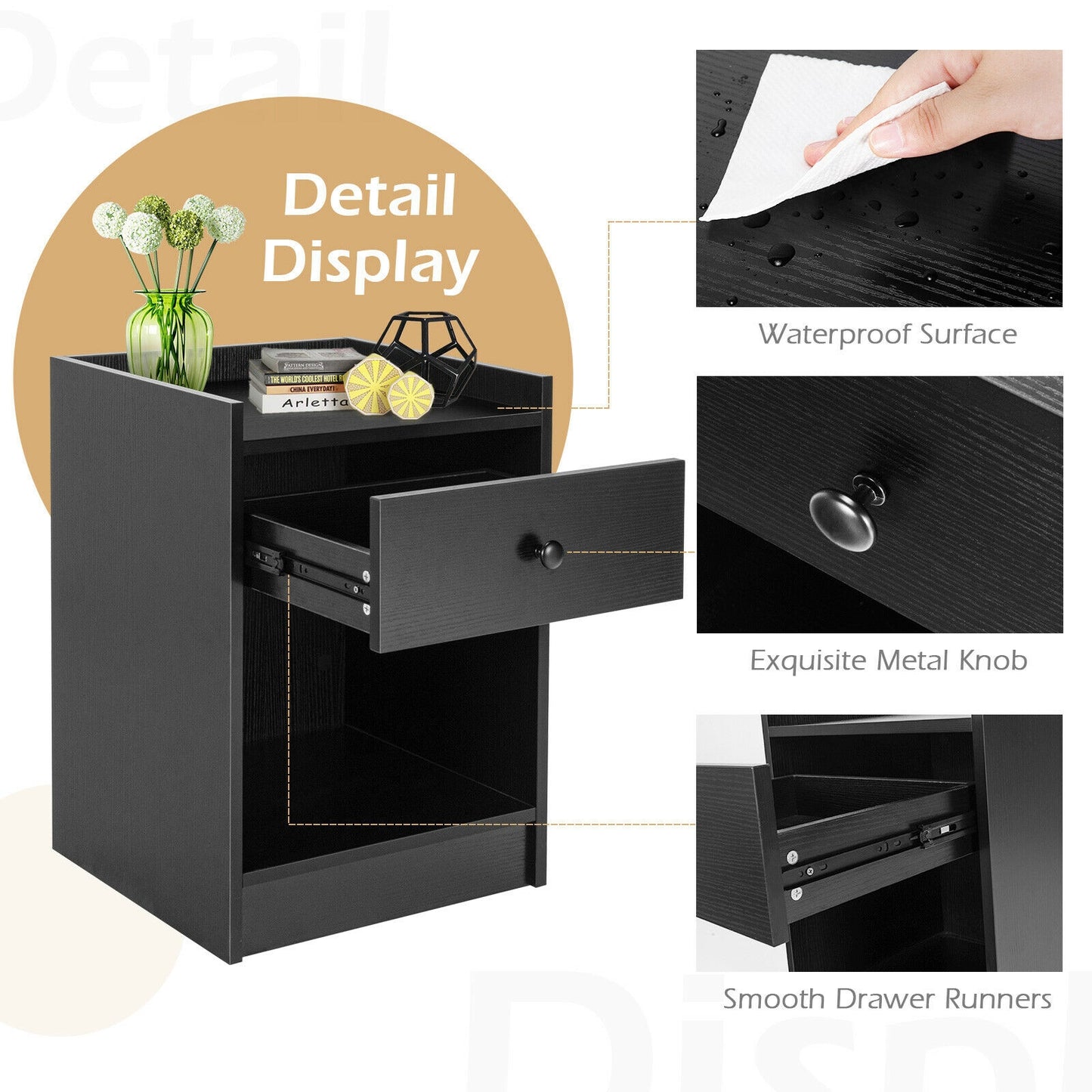 Set of 2 Nightstand with Drawer Cabinet End Side Table Raised Top-Black Kids Crystal