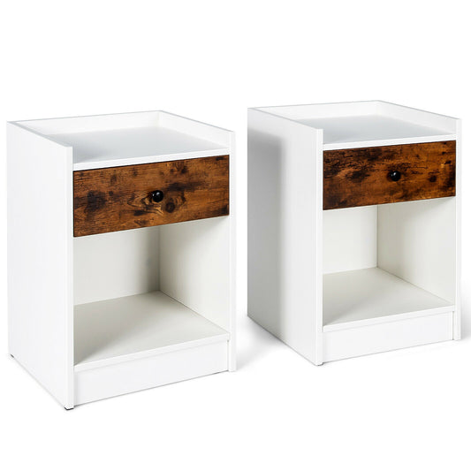 Set of 2 Nightstand with Drawer Cabinet End Side Table Raised Top-White Kids Crystal