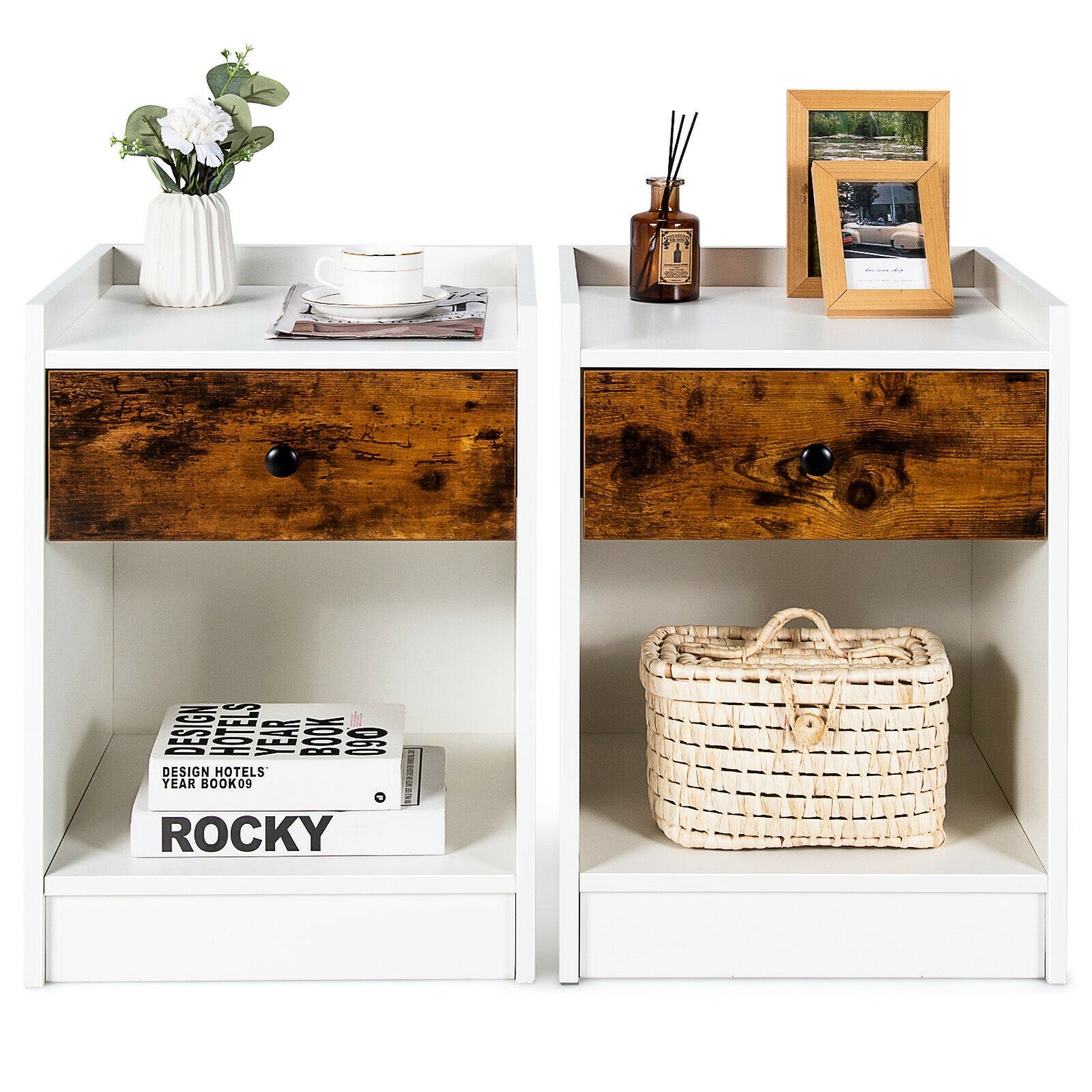 Set of 2 Nightstand with Drawer Cabinet End Side Table Raised Top-White Kids Crystal