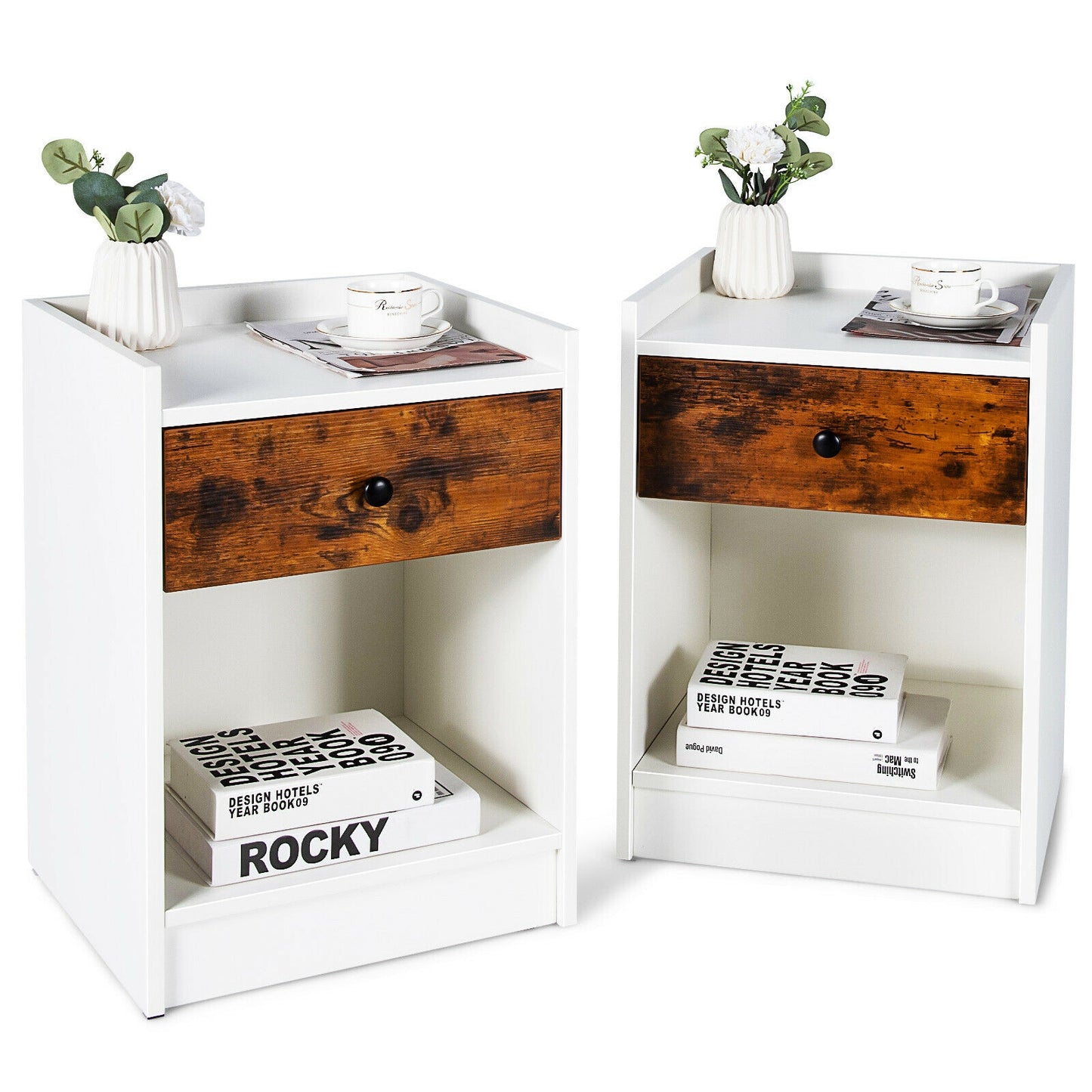 Set of 2 Nightstand with Drawer Cabinet End Side Table Raised Top-White Kids Crystal