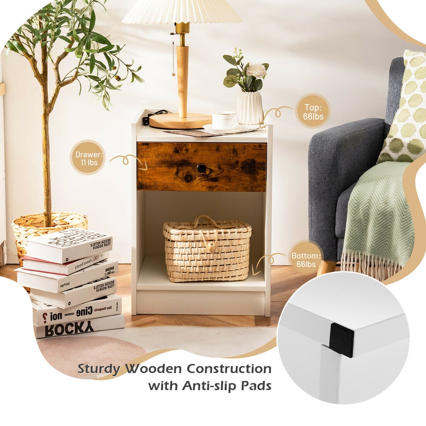 Set of 2 Nightstand with Drawer Cabinet End Side Table Raised Top-White Kids Crystal