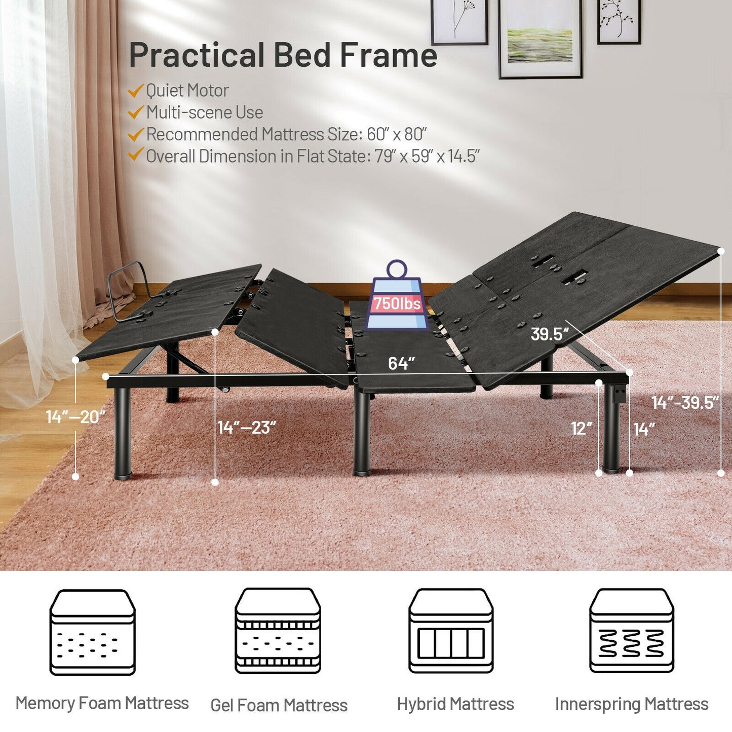 Queen Size Adjustable Bed Base with Head and Foot Incline Kids Crystal