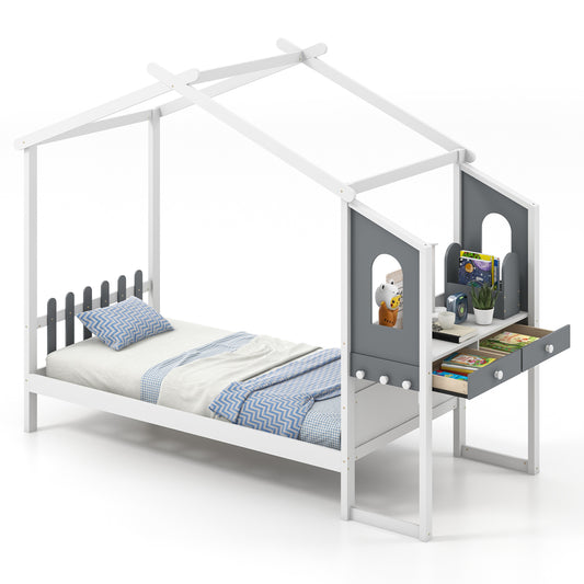 Twin/Full Bed Frame with House Roof Canopy and Fence for Kids-Twin Size Kids Crystal