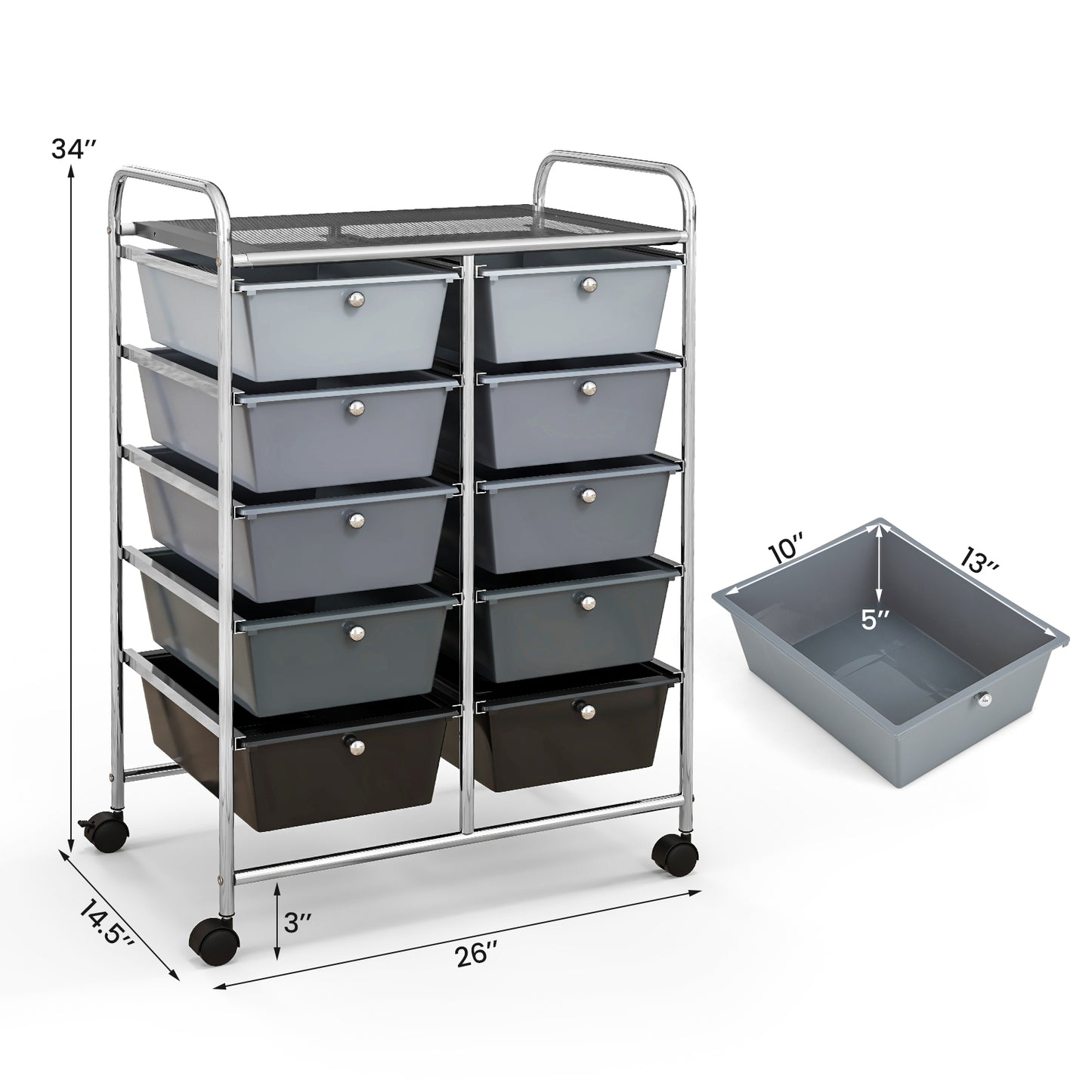 10-Drawer Rolling Storage Cart-Gray Kids Crystal