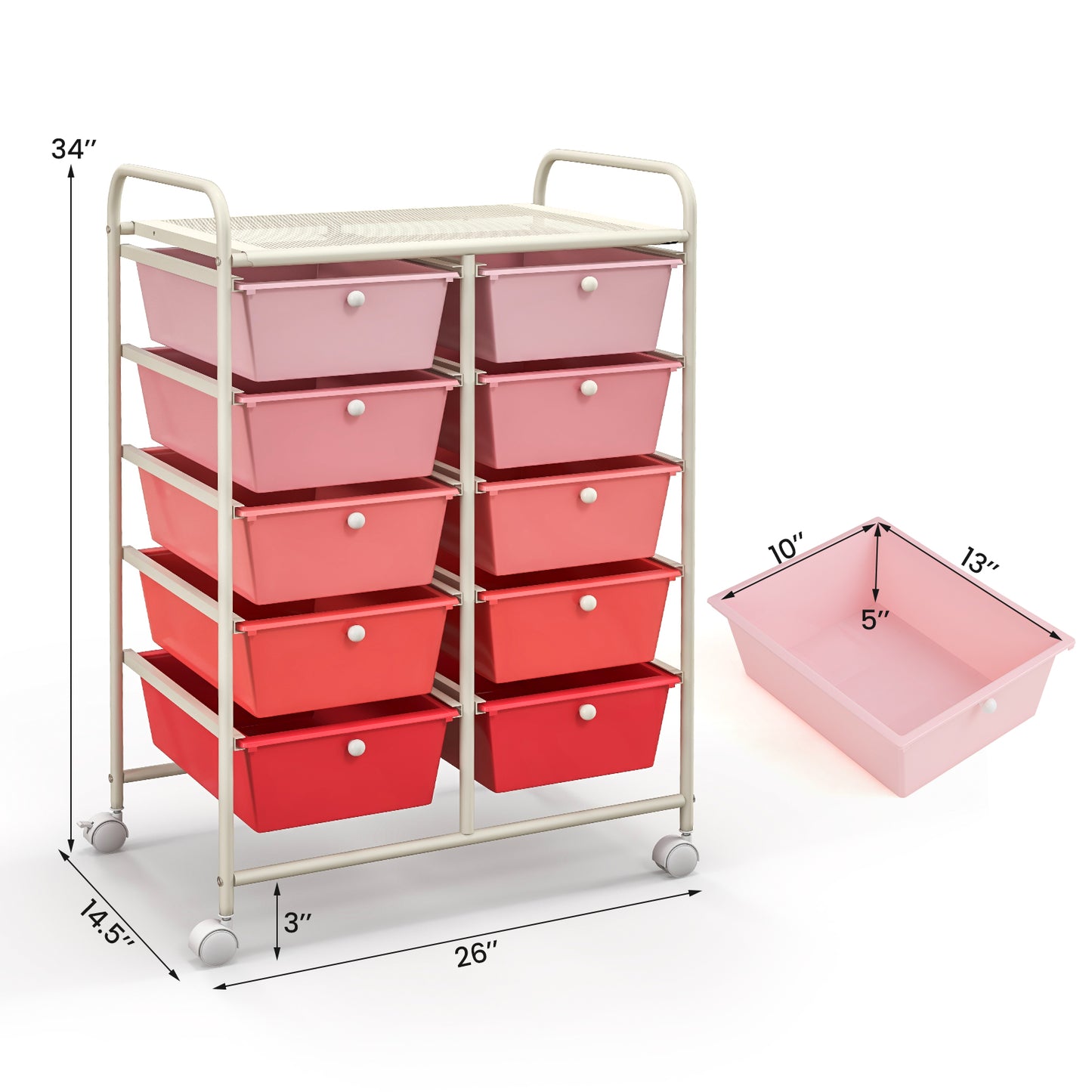 10-Drawer Rolling Storage Cart-Gradient Pink Kids Crystal