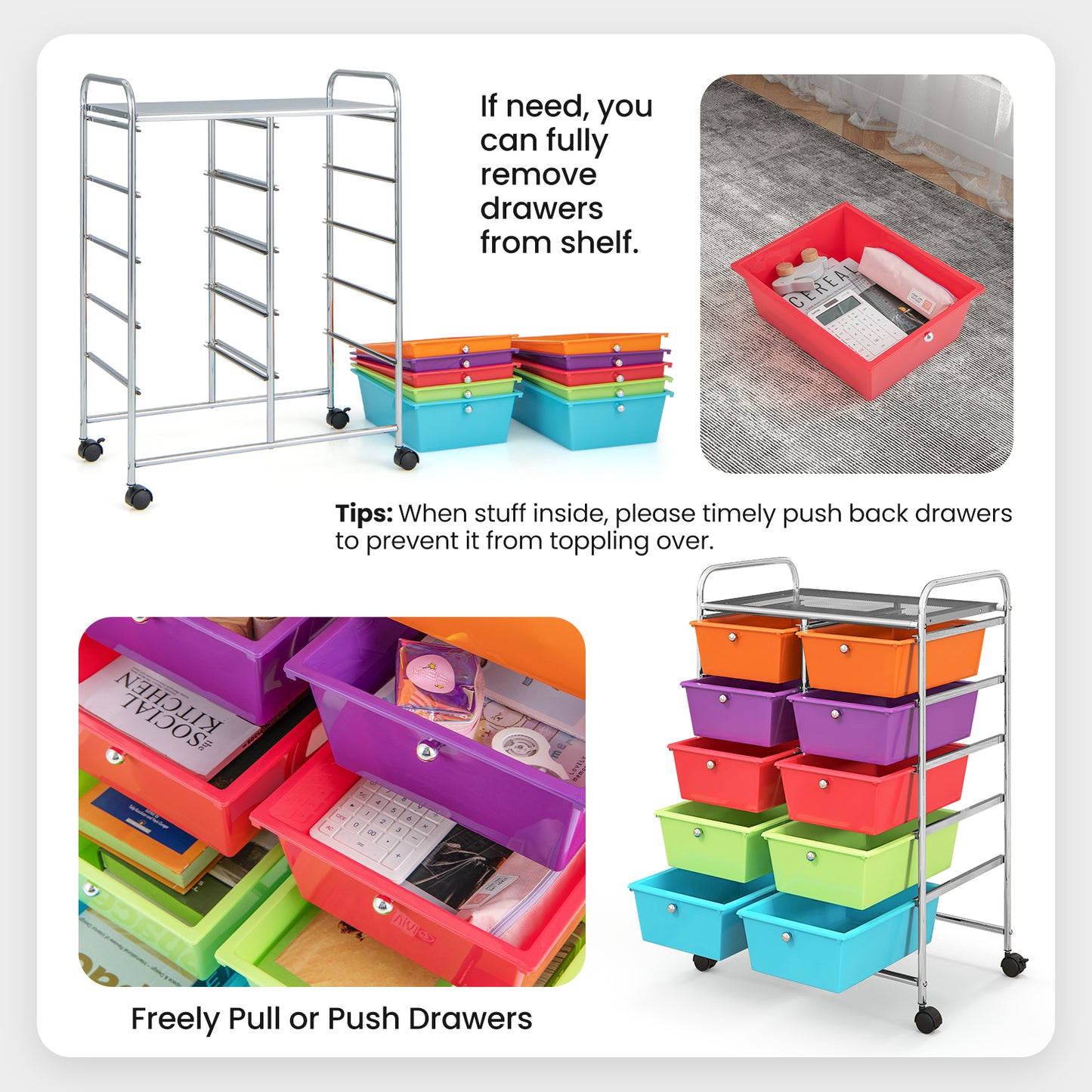 10-Drawer Rolling Storage Cart-Deep Multicolor Kids Crystal