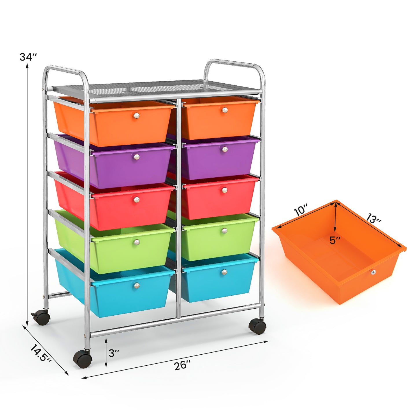 10-Drawer Rolling Storage Cart-Deep Multicolor Kids Crystal