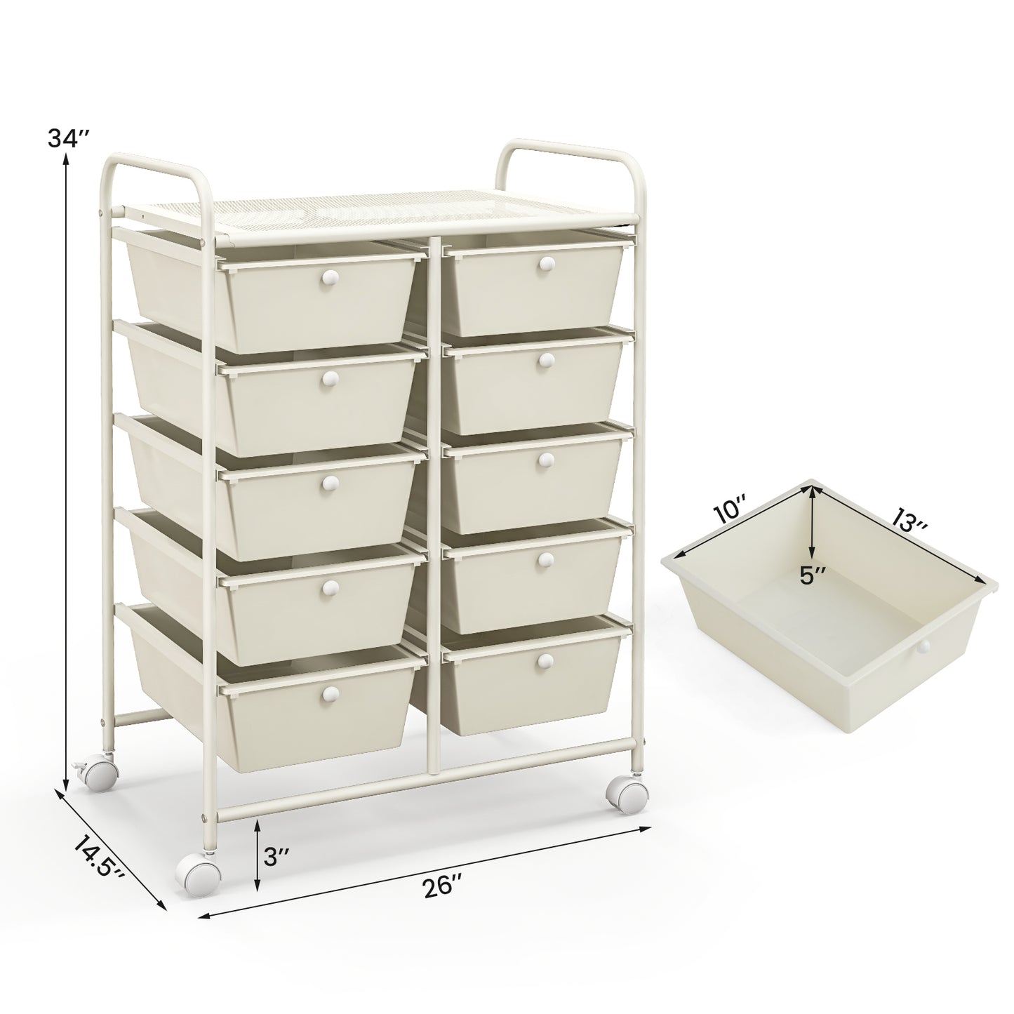 10-Drawer Rolling Storage Cart-White Kids Crystal
