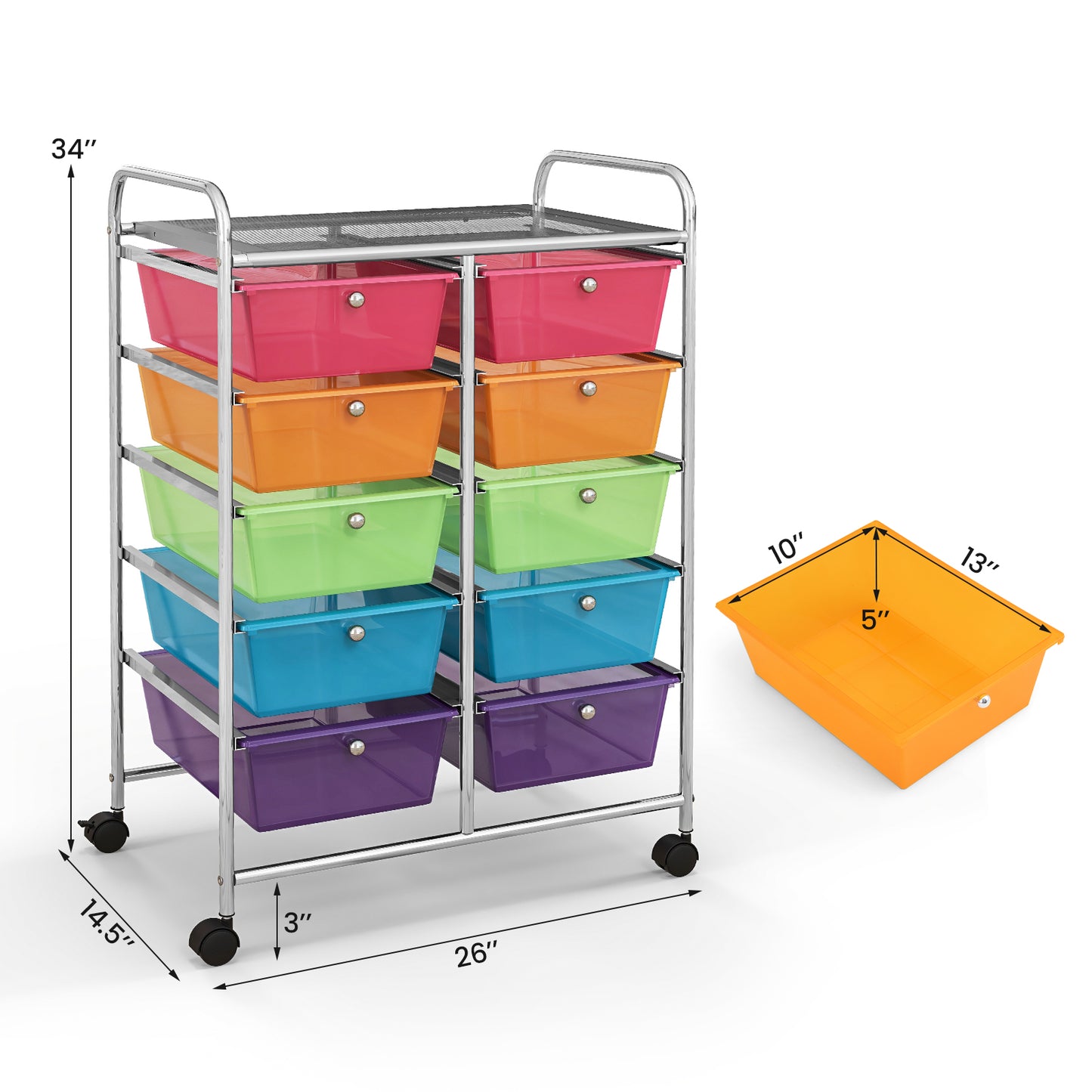 10-Drawer Rolling Storage Cart-Transparent Multicolor Kids Crystal