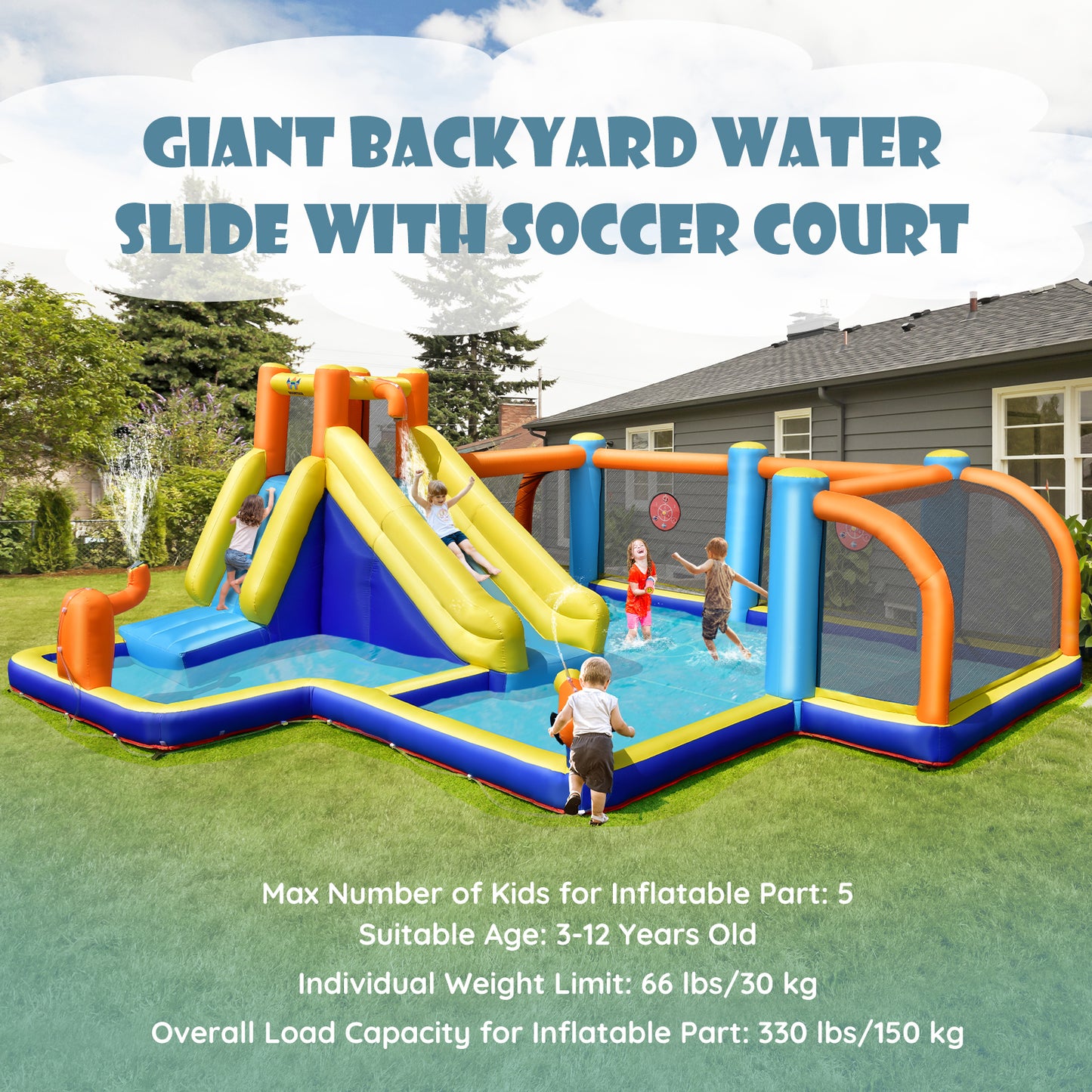 Giant Soccer-Themed Inflatable Water Slide with 735W Blower